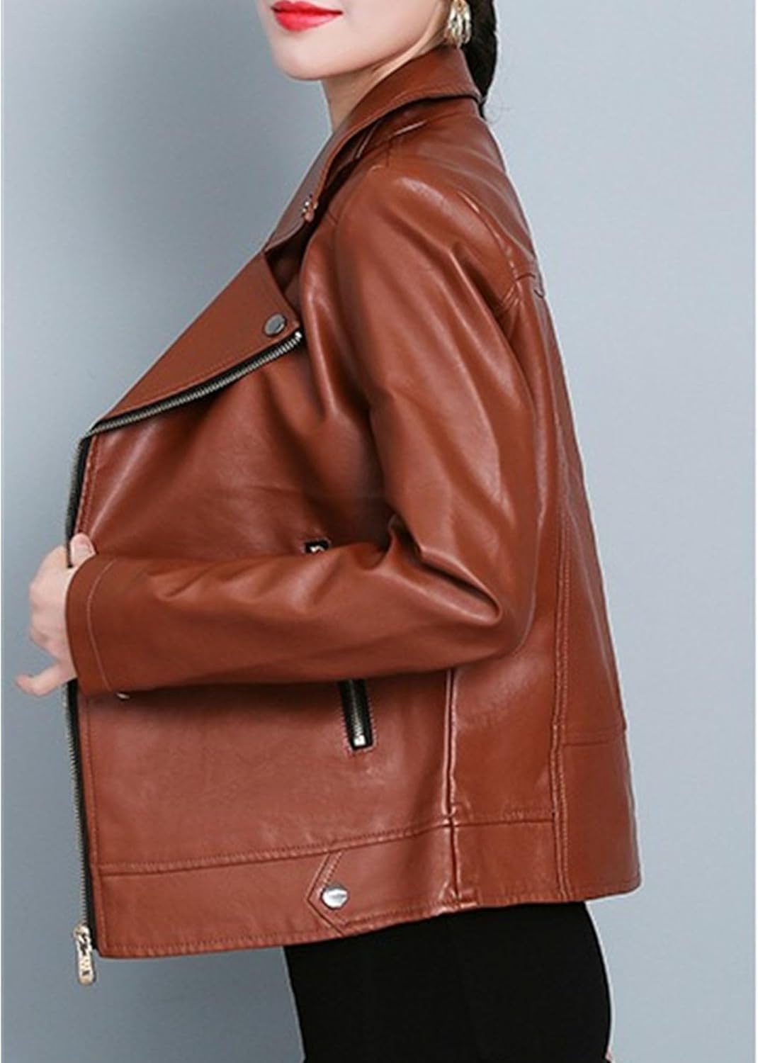 Women's Blazer Collar Solid Spring Fall Coat Slim Fit Cropped Coat Jacket Faux Leather Zip Up Outerwear