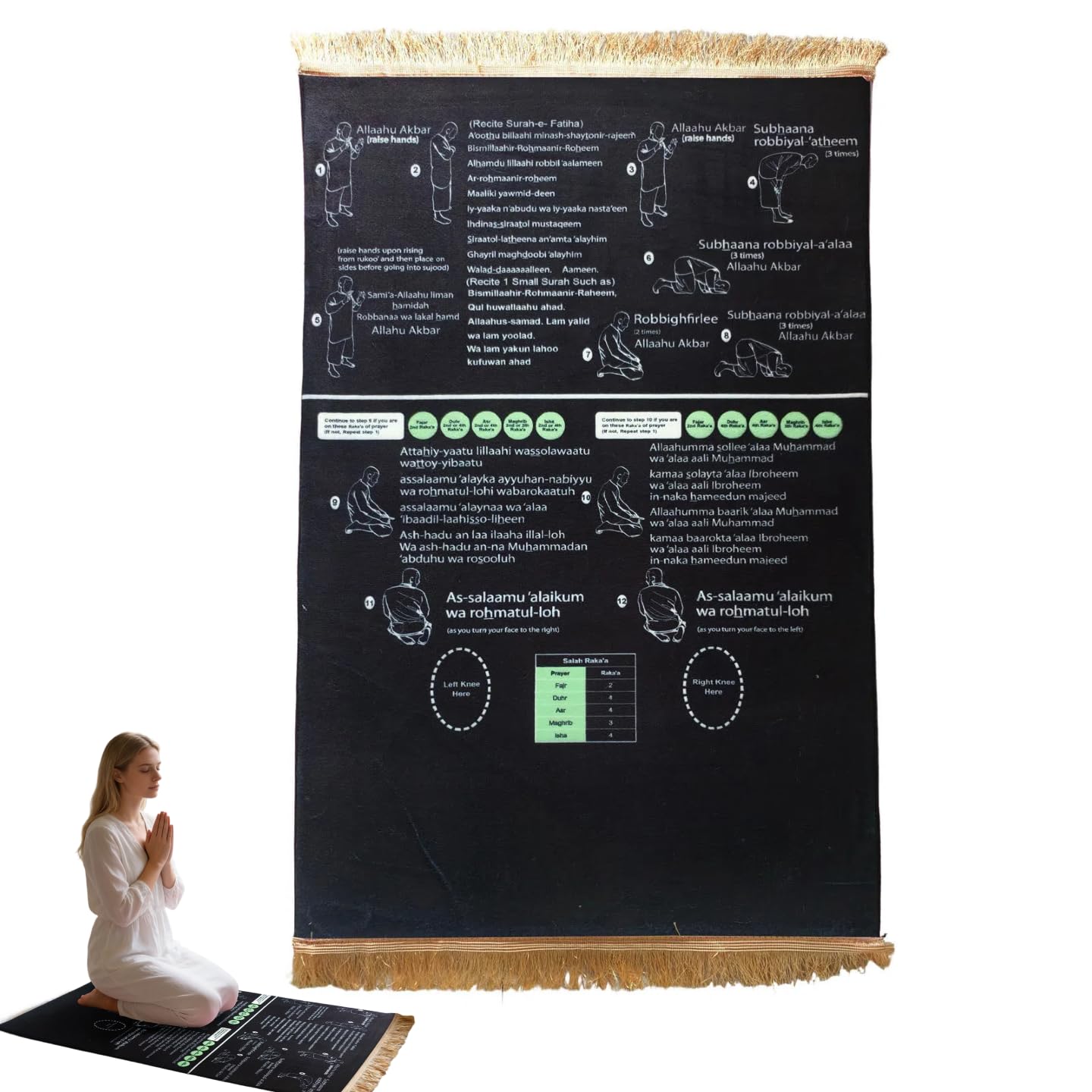 Bilingual Guided Prayer Mat, Interactive Guided Muslim Prayer Mat, Salah Learning Janamaz, Foldable & Non-Slip, Islamic Revert Gift, for Home Chambre and Travel (Black, 65x110cm)