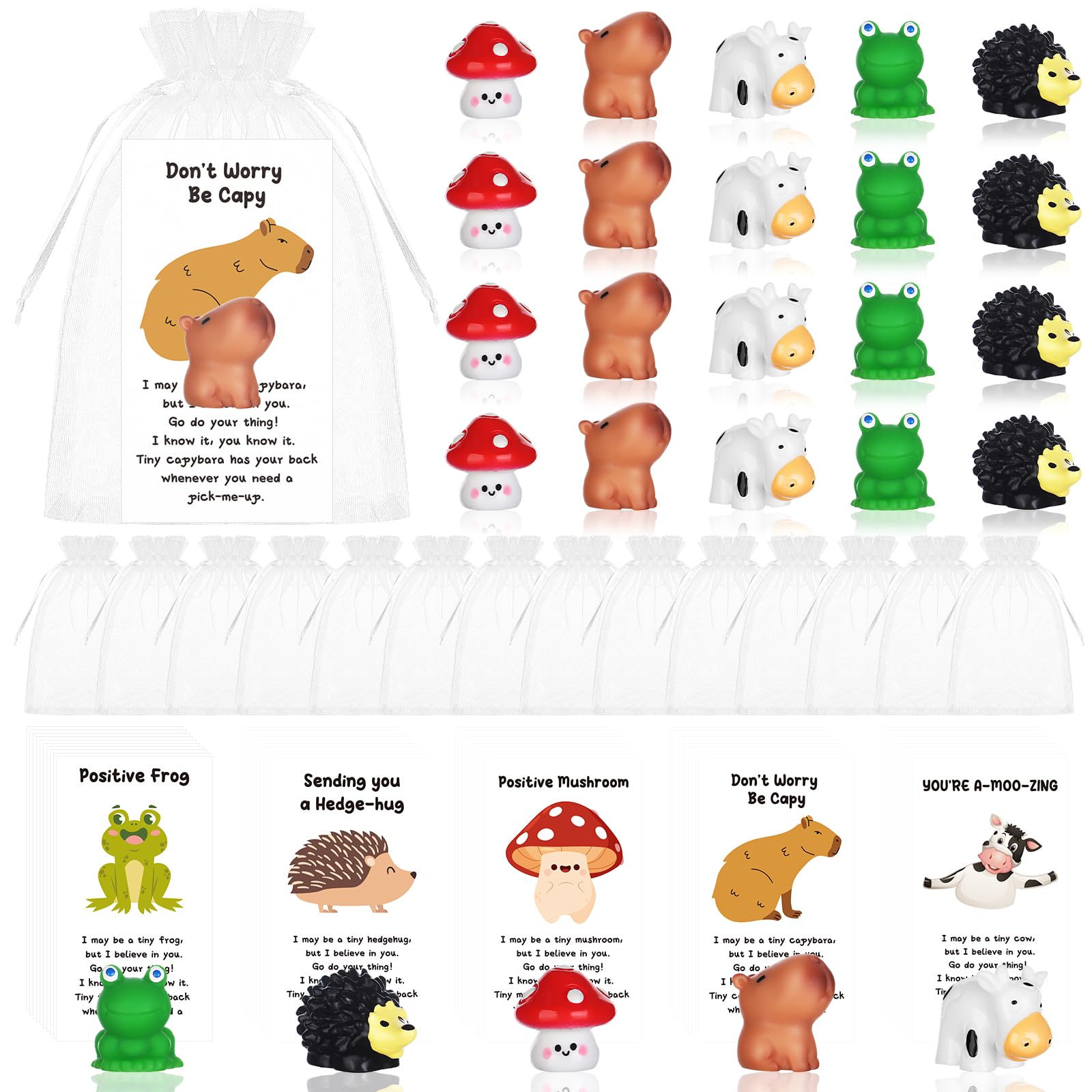 90 Pieces Employee Appreciation Gifts Bulk Mixed Animal Resin Frog Cow Capybara Hedgehog Mushroom Pun Inspirational Cards Thank You Gifts for Staff Coworkers Team Teacher Office