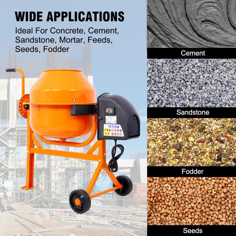 3.0 Cu. Ft Electric Cement Mixer, 650W 2/3 HP Heavy Duty Cement Mixing Machine Tools, Portable Concrete Mixer with Wheels and Stand for Mortar, Stucco and Fodder, Adjustable Tilt, Orange