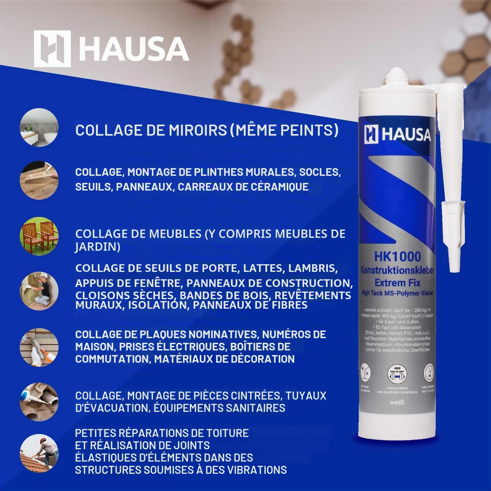 HAUSA Colle de Construction Polymère MS Haute Tack HK1000 avec Presse à Cartouche Colle de Montage 400kg/10cm² après 3h pour Construction Intérieure et Extérieure Colle Tout Usage 1x 290ml Blanc