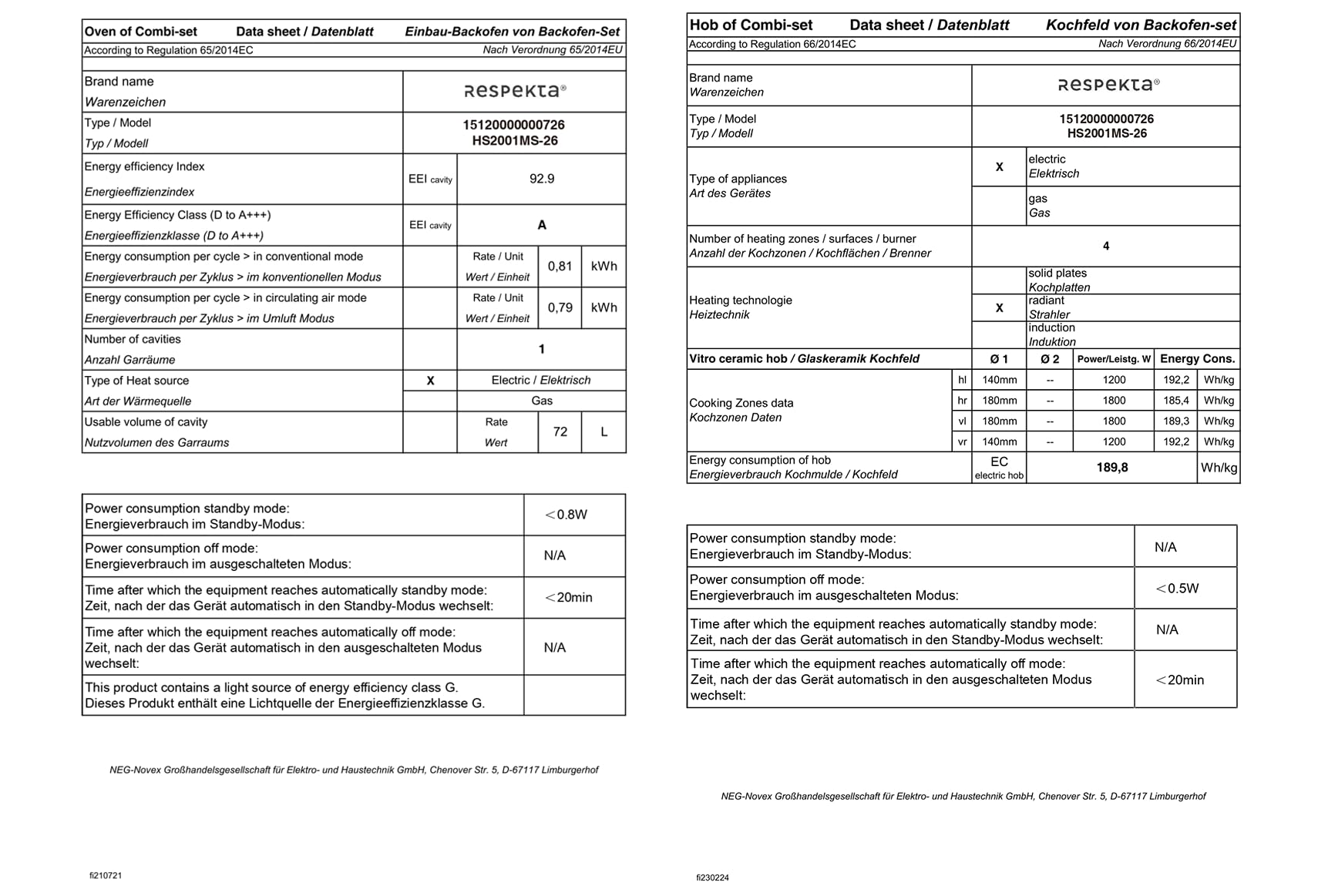 Respekta Einbau-Herdset Matt-schwarz HS2001MS-26 / Energieeffizienzklasse A / 72 Liter Garraum / 7 Beheizungsarten 9 Leistungsstufen/Auftaufunktion & Dampfunterstützte Garfunktion
