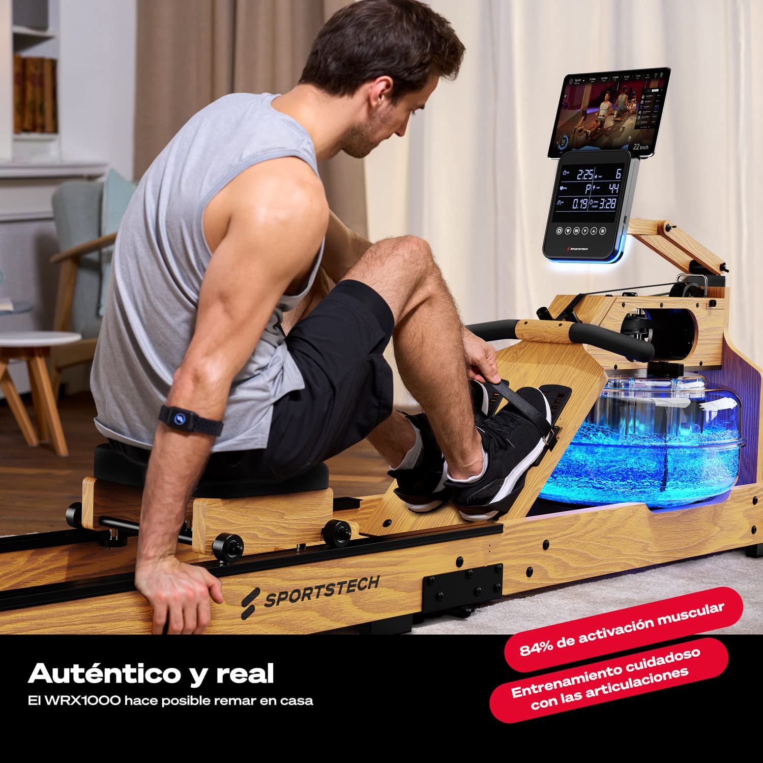 Sportstech - WRX1000 Agua Maquina de Remo, Premium Maquina de Remo para Casa, Plegable Maquina Remo con Tecnología Pulse Depósito de Agua LED de 7 Zonas y Pantalla LCD