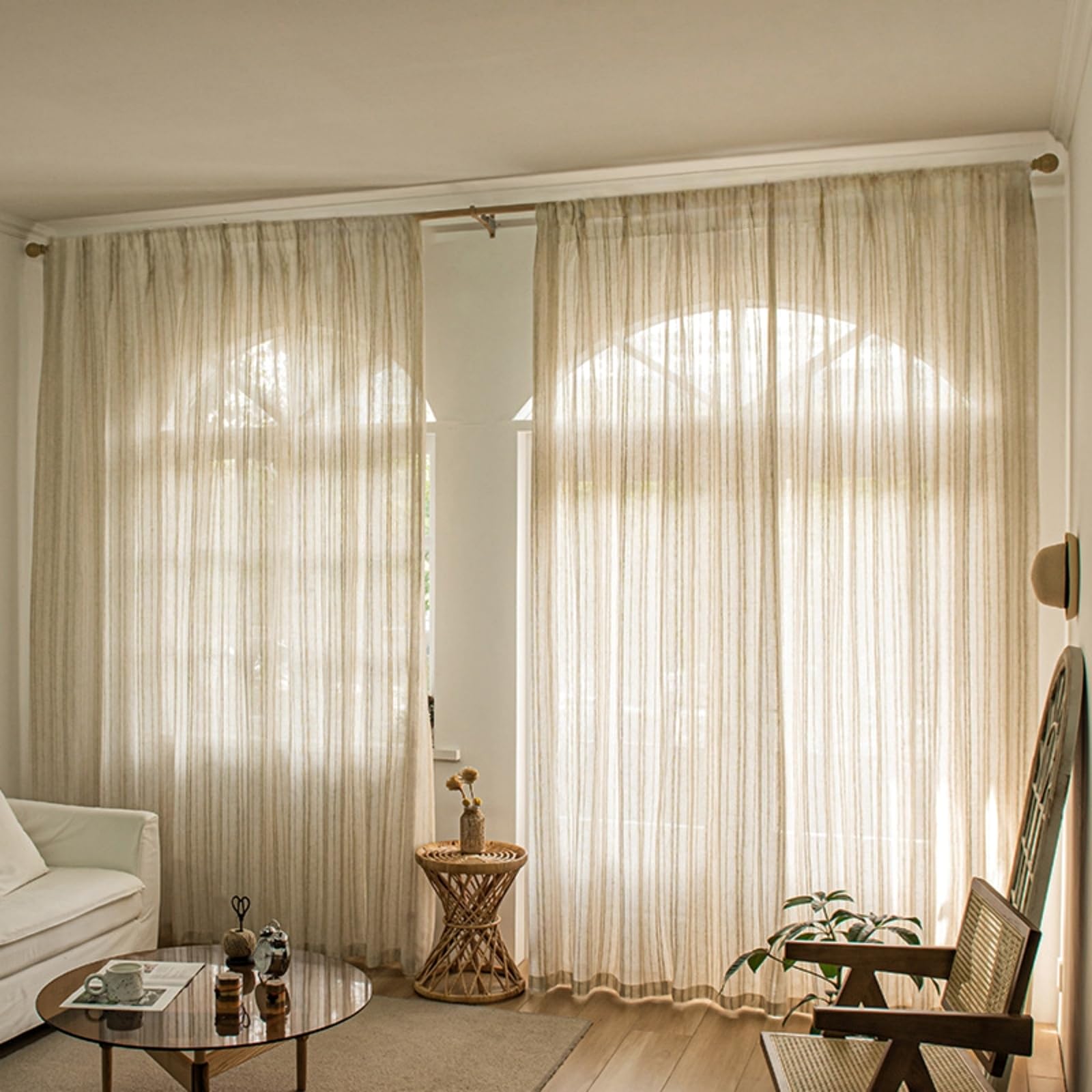 Gxi Natural Linen Sheer Curtain 94 inches Length for Living Room, Rod Pocket Beige Stripe Voile Window Drapes for Bedroom, Dining Room Voile Window Treatment, 2 Panels, 55