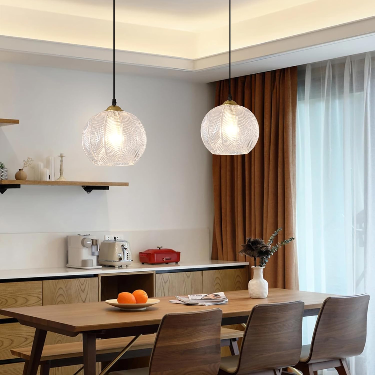 Clear Glass Pendant Light, Single Large Globe Shade Hanging Chandelier, 9.8-Inch Hand Blown Glass Ball Pendant Light Fixtures for Kitchen Island, Staircase, Dining Room, Living Room, Bedroom