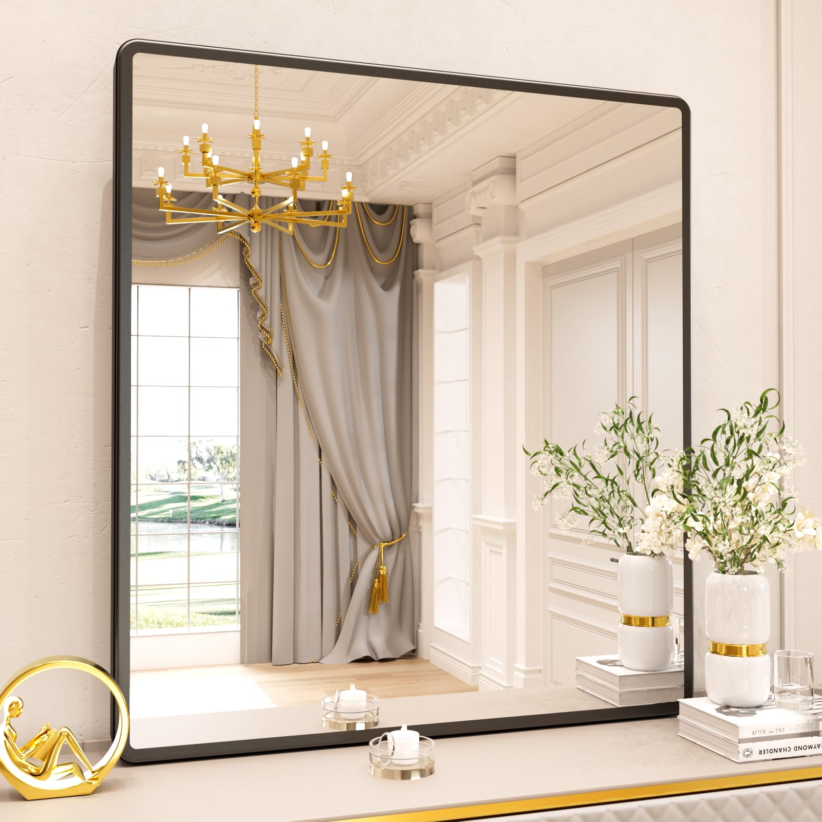 pertetey New Upgrade Bathroom Mirror, 40X36 Inch Black Metal Frame Wall Mounted Rounded Rectangle Bathroom Vanity Mirror with Tempered Glass for Washroom Bedroom Living Room