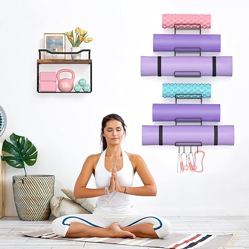 Miniatura 6 de Soporte de pared para esterilla de yoga de 6 niveles con estantes flotantes de madera, estante de almacenamiento para esterilla de yoga, accesorios