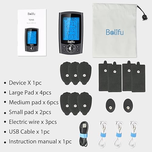 Miniatura 7 de Belifu Unidad TENS EMS de doble canal con 12 almohadillas, estimulador muscular de 24 modos, masajeador muscular electrónico de pulso para terapia