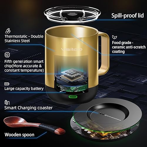 Miniatura 5 de VSITOO S3PRO - Taza de café térmica con control de temperatura, 14 onzas, taza de viaje inteligente con calentador de café controlado manual y por