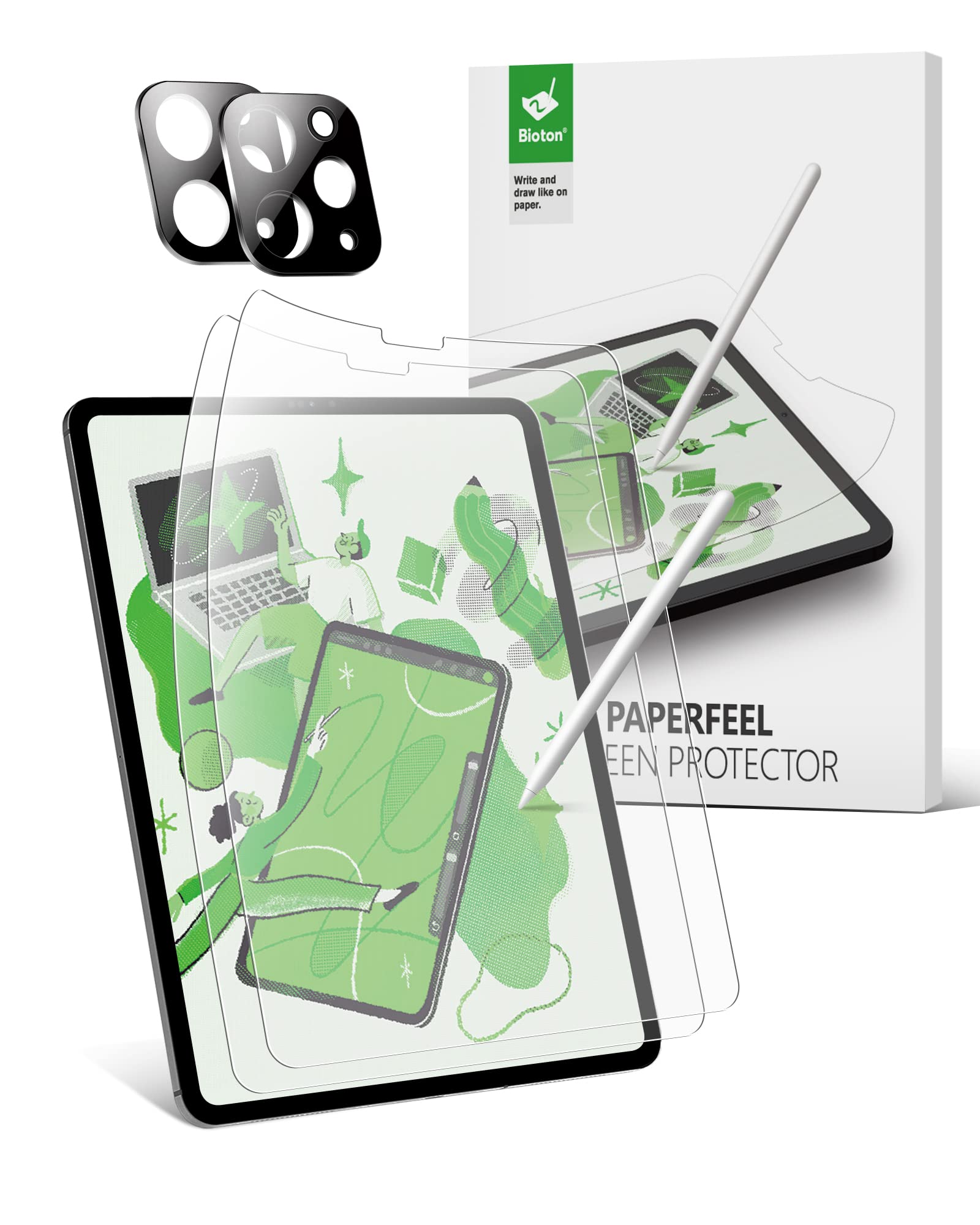 Bioton [2+2 Pack Paperfeel Screen Protector Compatible with iPad Pro 11 inch (4th 2022 / 3rd 2021 / 2nd 2020) with 9H Hardness Camera Lens Protector, Anti-Glare/Anti-Fingerprints/Bubbles Free,Black