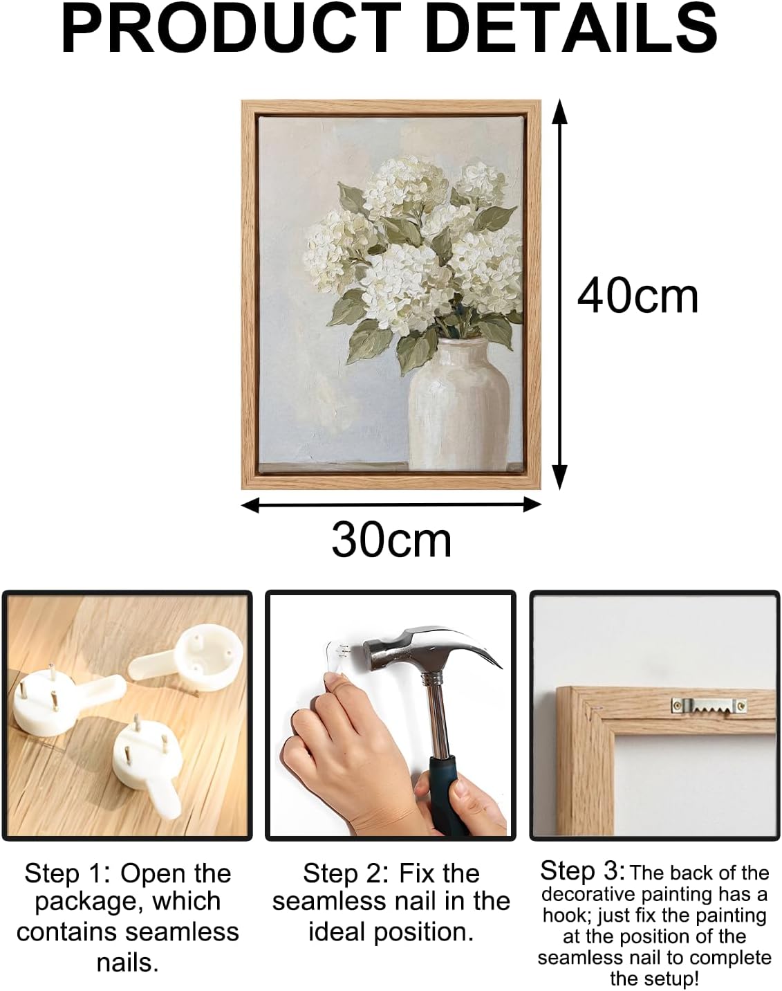 Hydrangea Framed Canvas Wall Art 12x16 Inch – Vintage White Floral Vase Painting – Neutral Cottagecore Farmhouse Wall Decor for Bedroom, Bathroom or Living Room