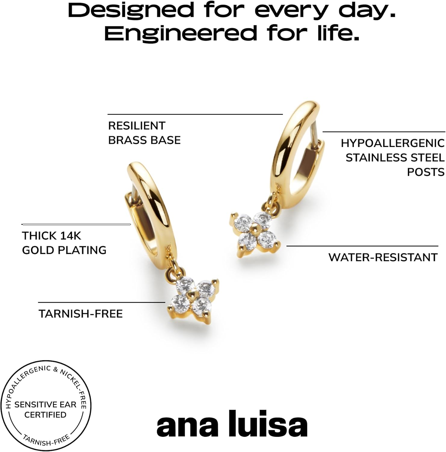 Ana Luisa Huggie Hoop Earrings - Solitaire Pendant Charm Earring - Dainty Hoop Earrings in 14K Gold Plated & Silver Rhodium Plated - Hypoallergenic, Water-Resistant, and Tarnish-Free - Gifts for Women