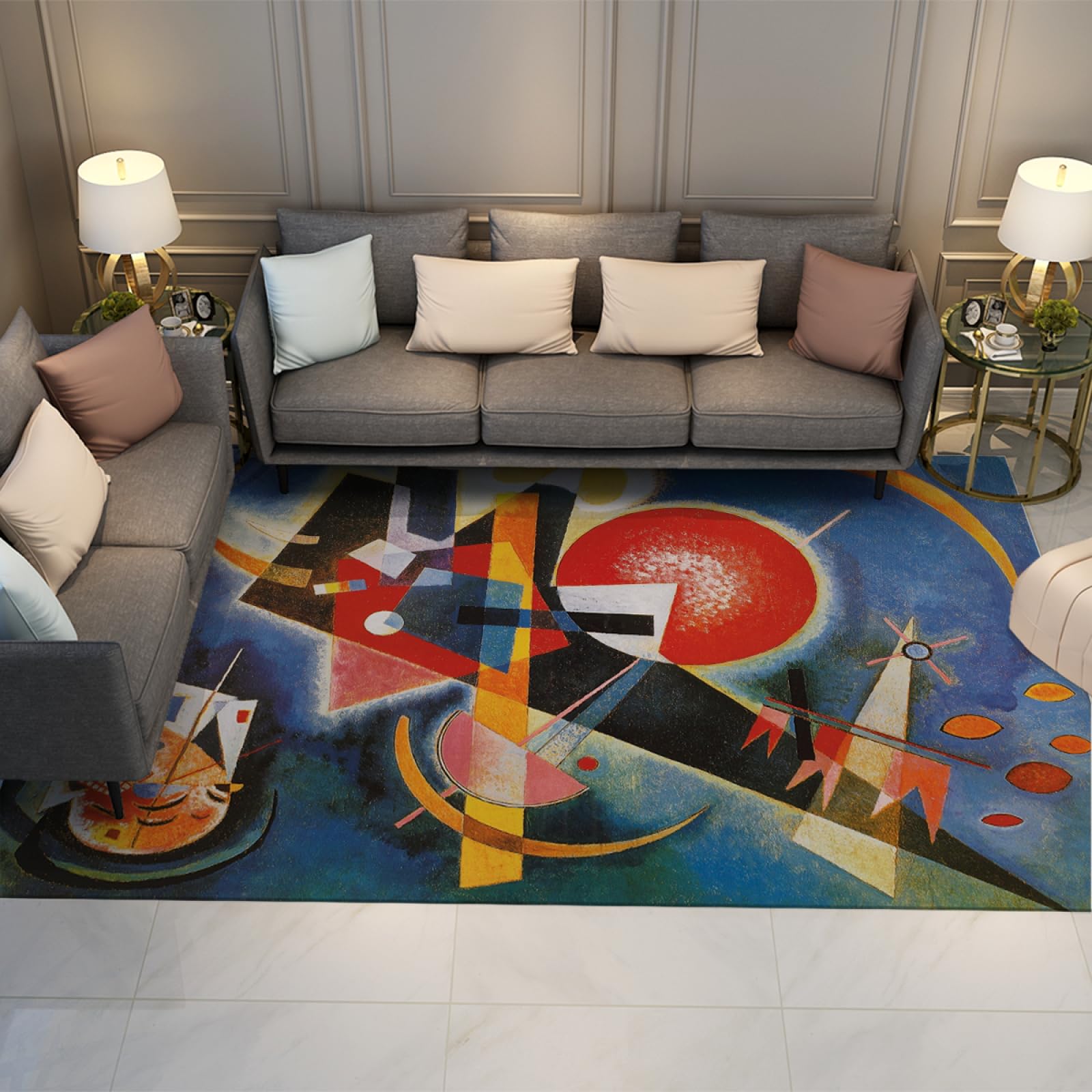 Tapis de salon abstrait moderne bleu style Kandinsky chambre 80x150