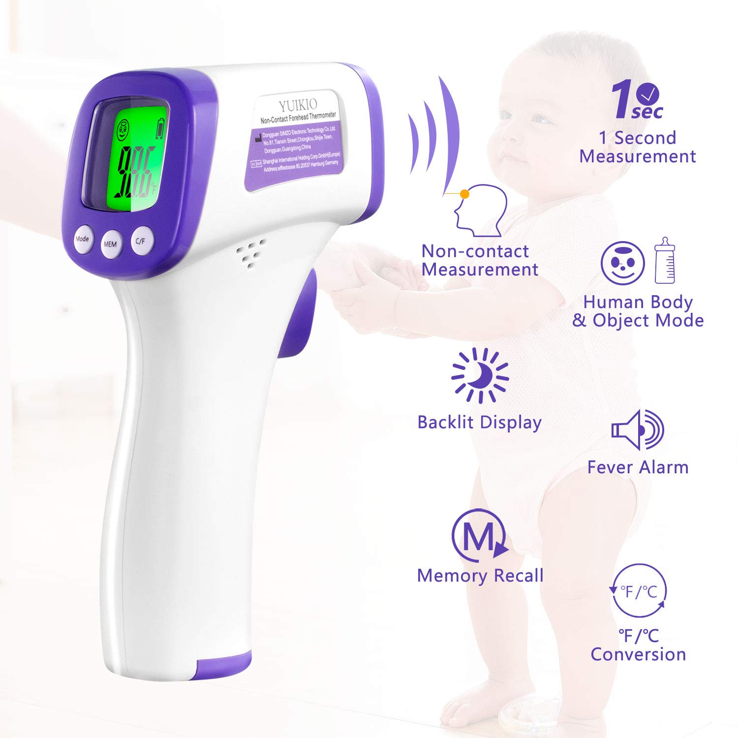 YUIKIO Infrared Forehead Thermometer for Adults, Non Contact Touchless Digital Temporal Thermometers for Baby Kids with Fever Alarm, LCD Screen and Temperature Data Memory (NO Battery Included) : Baby