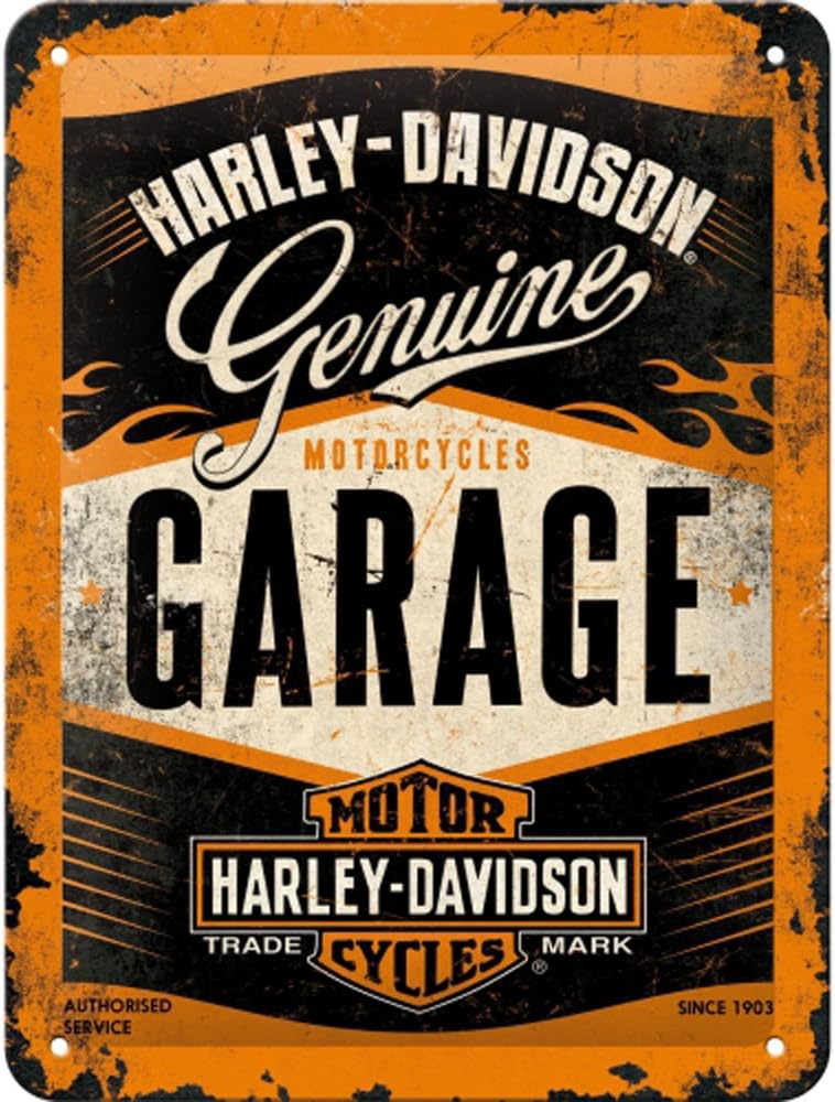 Nostalgic-Art Retro Tin Sign – Harley-Davidson Garage – Gift idea for motorcycle fans, Metal Plaque, Vintage design for wall decoration, 15 x 20 cm