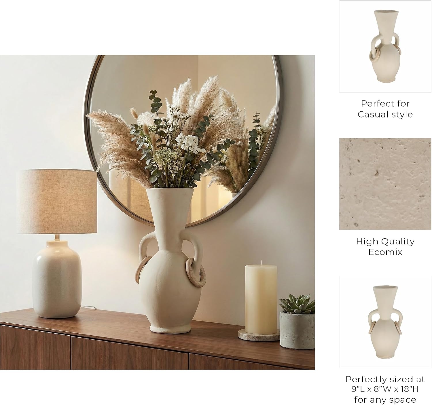 Timeless Ecomix Vase with Handles for Living Room Decor - Elongated Home Accent for House, Room and Bedroom Styling - Decorative Flower Vase for Office, and Table Centerpiece - 18", Ivory & Tan