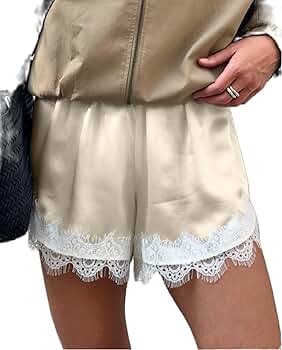 Women Satin Silk Shorts Lace Trim Mini Micro Shorts Silky
