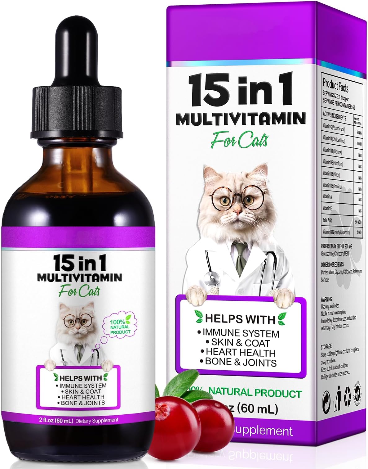 Multivitamins for Cats,15in1 Vitamin Drops,Cat Vitamins and Supplements,60ml Multivitamin Helps with Immune System,Skin & Coat,Heart Health and Bone & Joints