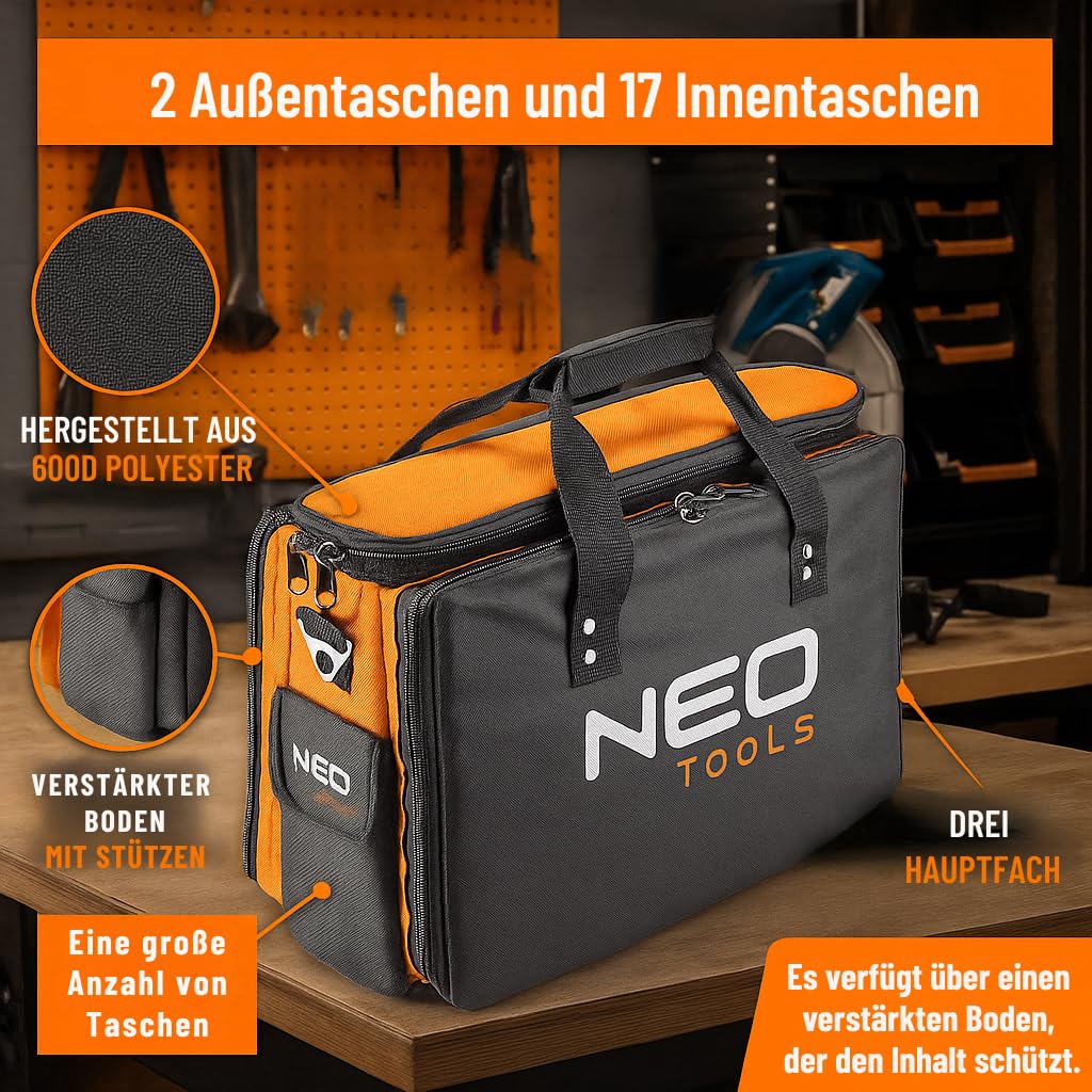 NEO TOOLS Werkzeugtasche Monteurtasche Polyester 600D, 17 Innentaschen, 2 Außentaschen, starre Bauweise, drei Hauptinnenfächer, verstärkte Reißverschlüsse 43.5 x 33 x 20 cm