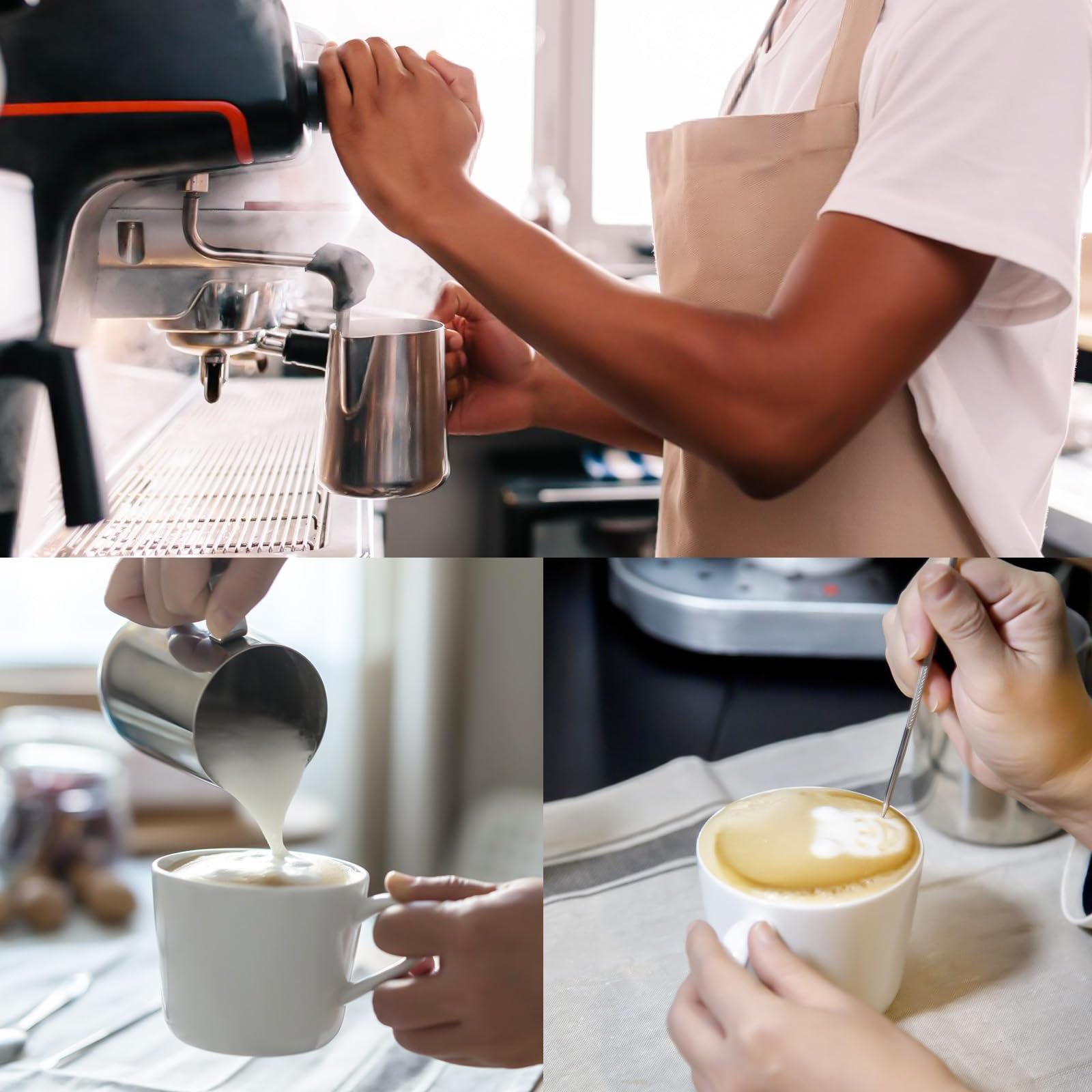 3 bricco per latte in acciaio inox, 150 ml, brocca per latte in schiuma, bricco in schiuma di latte, brocca per schiuma, brocca per latte e caffè espresso, per montalatte, cappuccino, macchiato