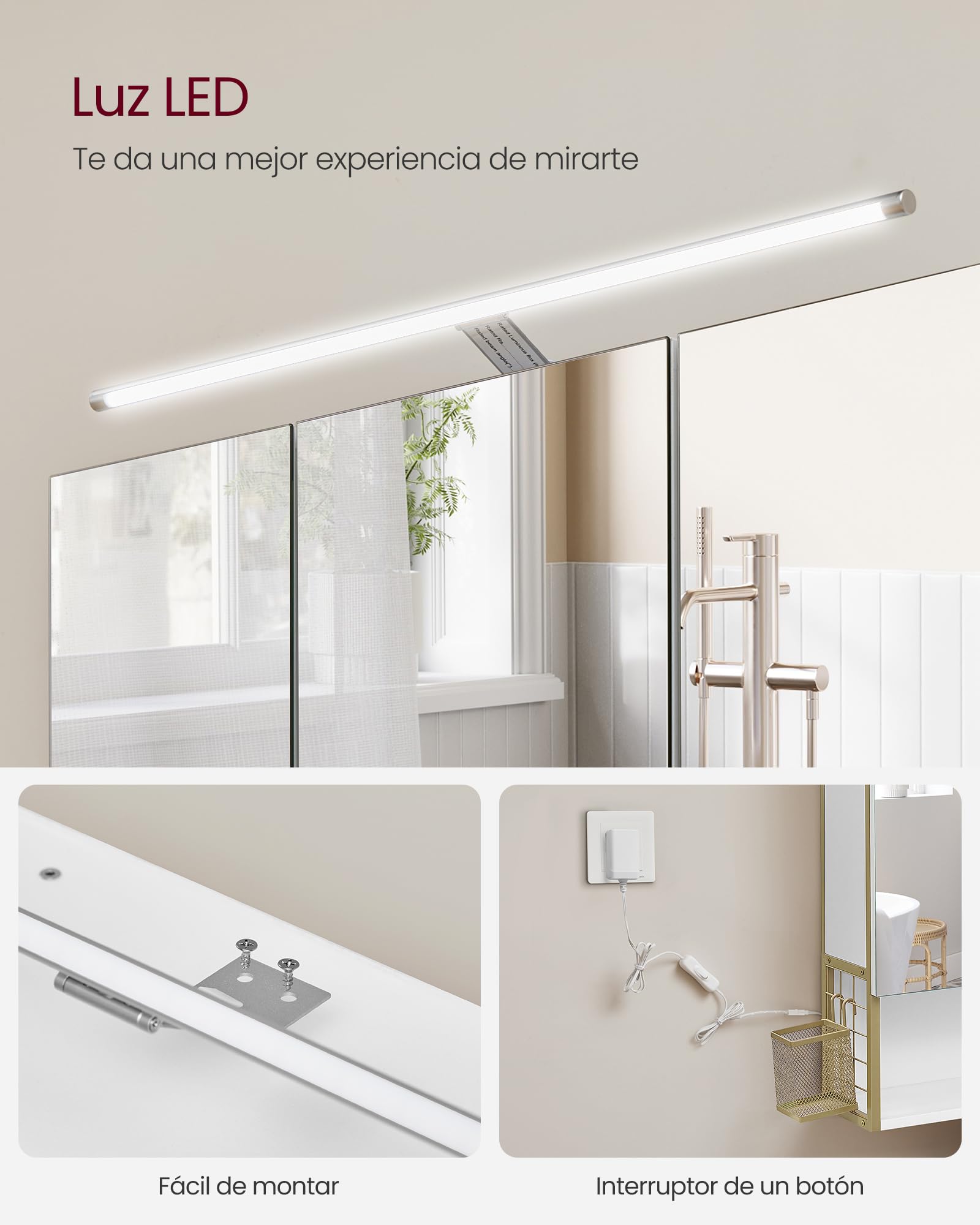 VASAGLE Armario de Baño con Espejo y Luz LED, Mueble de Pared, 3 Puertas