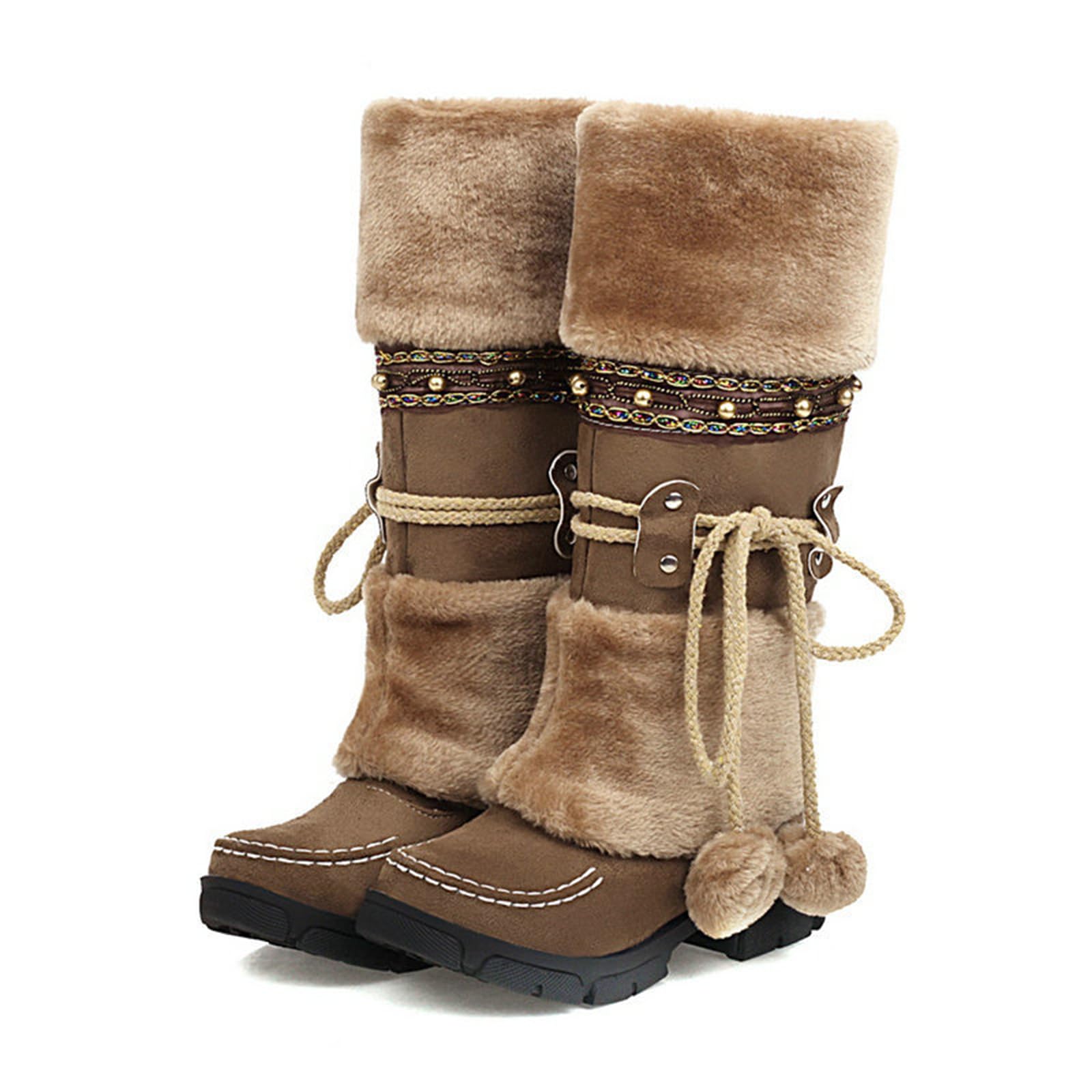 Mid Calf Boots for Women Winter Warm Comfy Side Zipper Suede Snow Boots Fashion Round Toe Low Heel