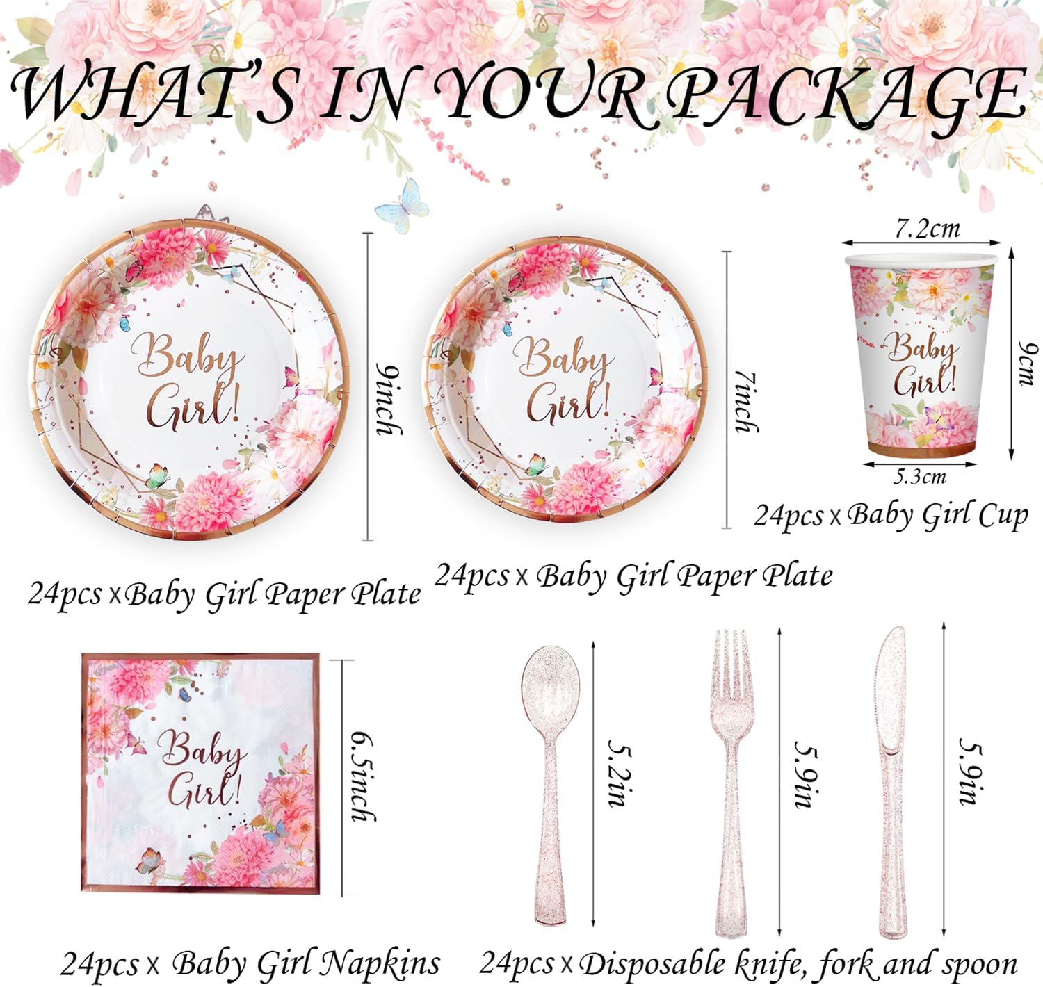 Baby Shower Decorations for Girls, Baby Shower Plates Cups and Napkins 24 Guests, 168 Pcs Pink Floral Party Paper Plates Tableware Sets, Baby Girl Decorations Party Supplies