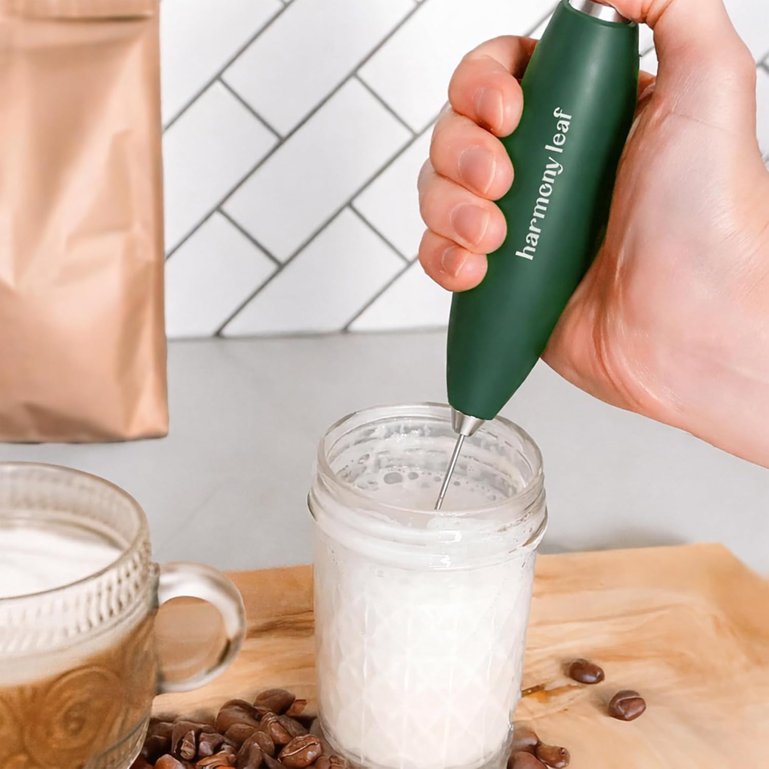  Handheld Milk Frother, Stainless Steel Electric Drink Mixer with Stand, Battery Operated Coffee Frother for Lattes, Matcha, Hot Chocolate and More, Green thumbnail