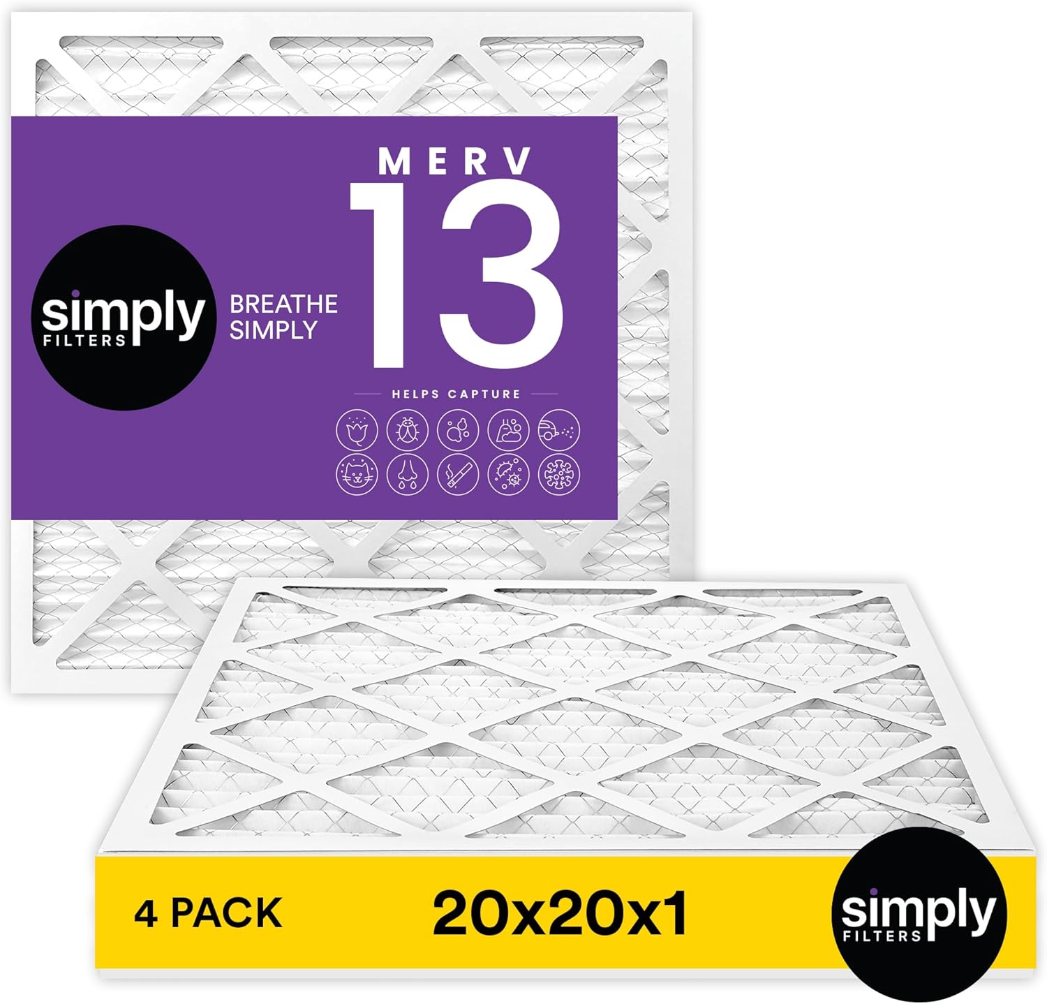 Simply 20x20x1 Air Filter, Merv 13, 4 Pack, For Home AC Furnace & HVAC (Actual Size: 19.75"x19.75"x0.75") DUST, Pet, & Allergy Control