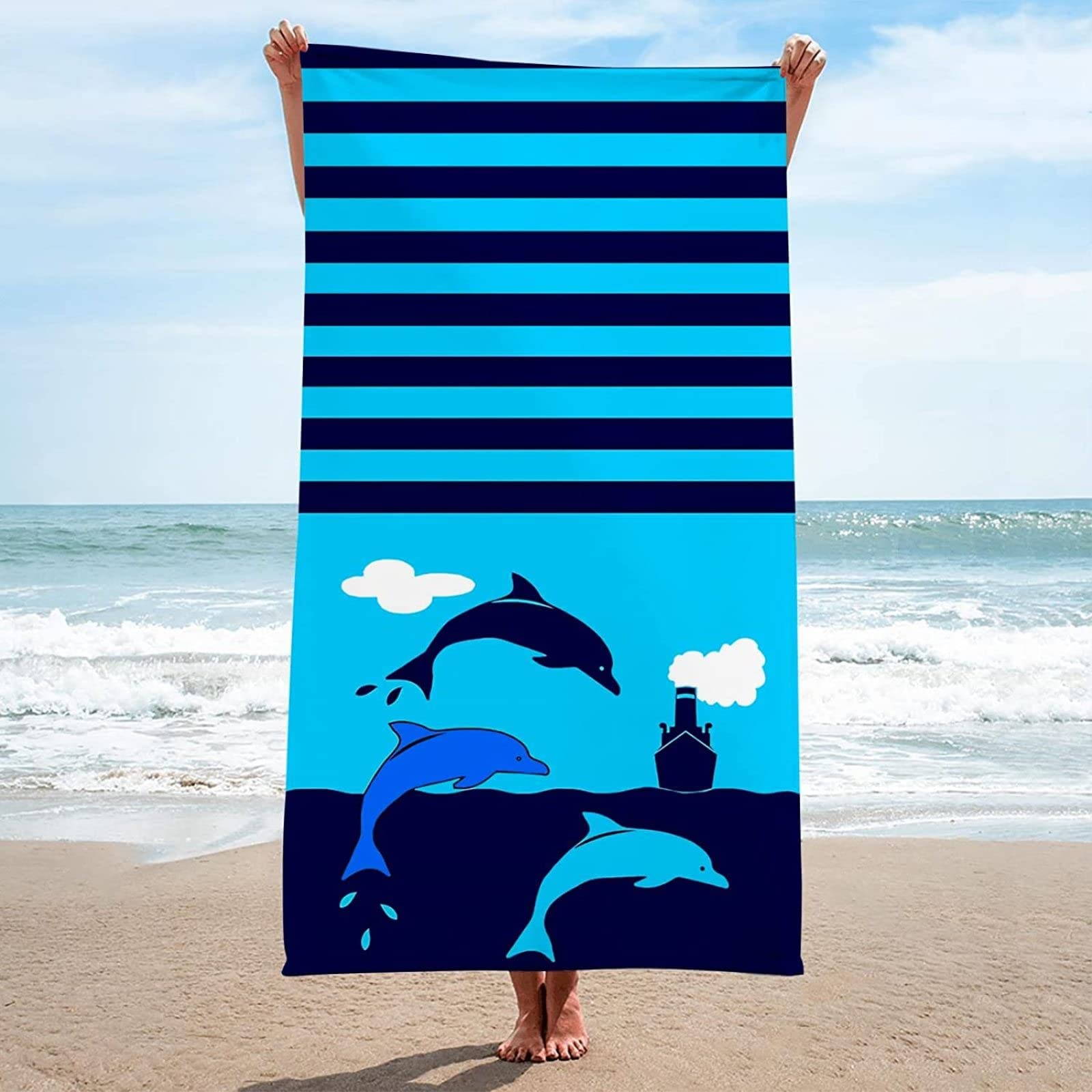 Microfiber Extra Large Beach Towels (70"x35") - 2 Pack, Quick Dry, Sand-Free, Blue/White Striped With Dolphins 11 thumbnail image