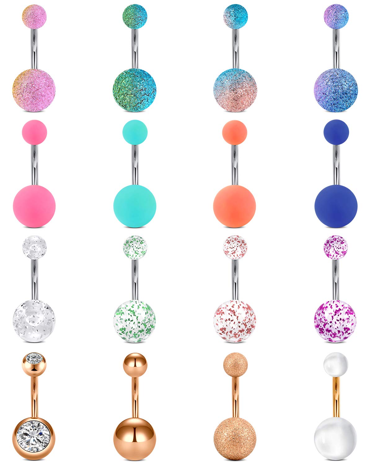Belly Button Rings Short Bar for Women Stainless Steel Belly Ring Navel Piercing Jewelry 14g Colorful Ball Pack 6mm 1/4” 8mm 5/16“ 10mm
