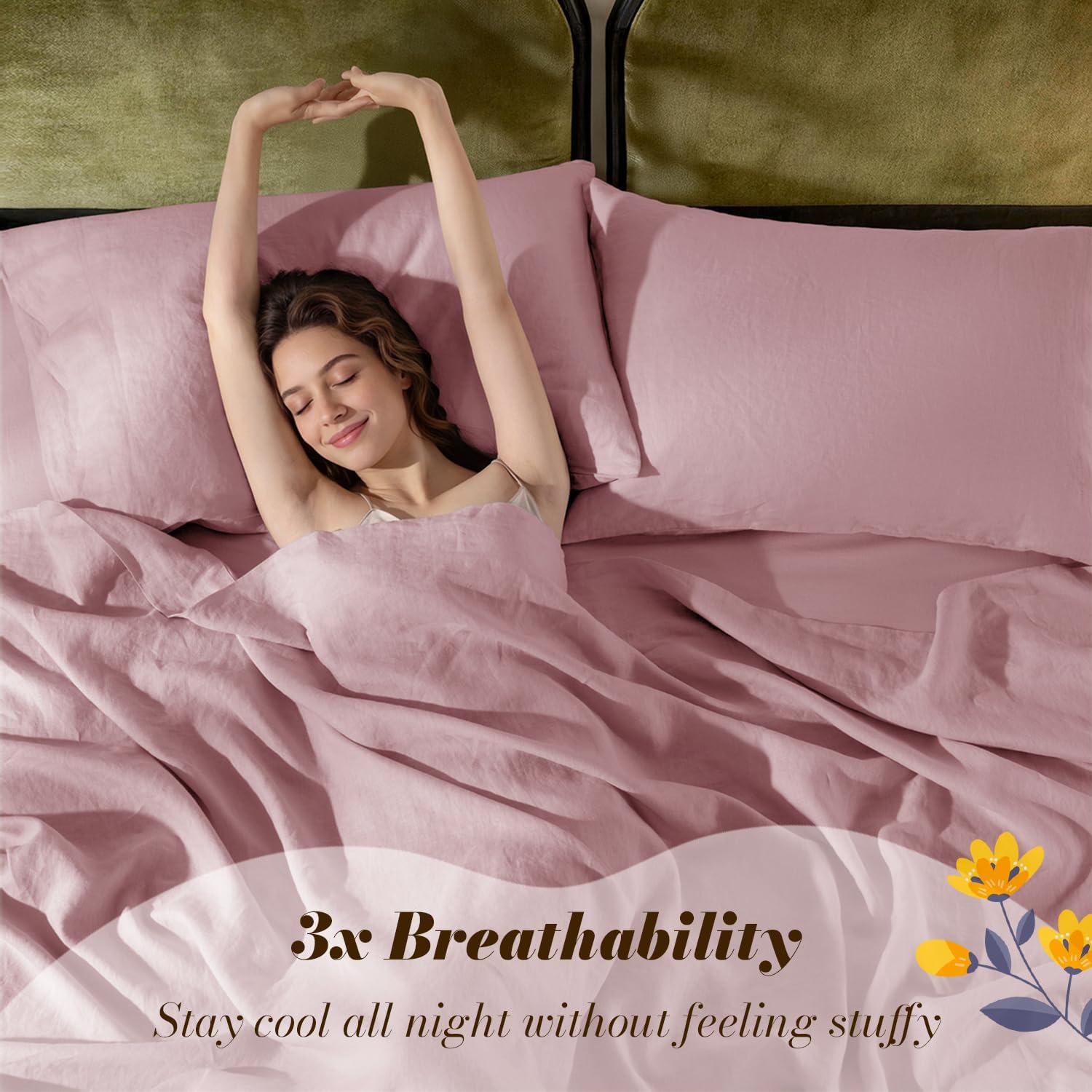 SONORO KATE 100% French Pure Linen Sheets, Breathable and Durable Linen Queen Size Sheets, Anti-Tear Linen Bed Sheets, Machine Washable, 16 Inch Deep Pocket - 4 Piece (Embroidery Purple, Queen) thumbnail