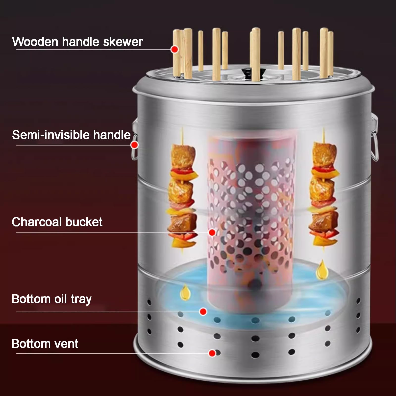 Grandi Griglie a Carbone Portatili, Barbecue a Carbone in Acciaio Inox a Barile, 360° Senza Fumo per Esterni, Fornello a Carbone Sospeso per Feste