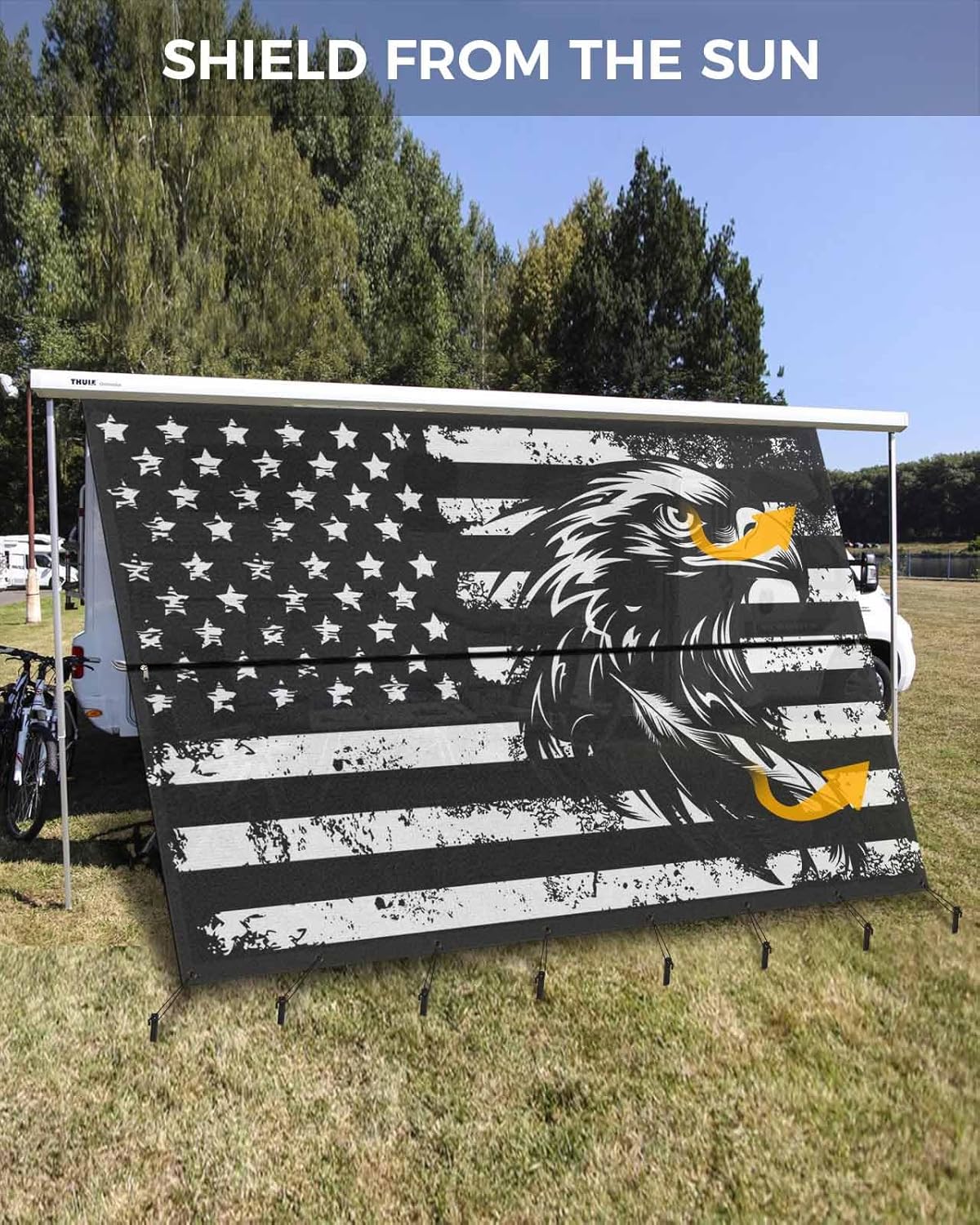 RV Awning Sun Shade Screen 9' x 15'3", Black Eagle 4th of July Mesh RV Awning Shades Complete Kits, Independence Day American Flag Sunlight Blocker Outdoor Canopy for Camping Trailer