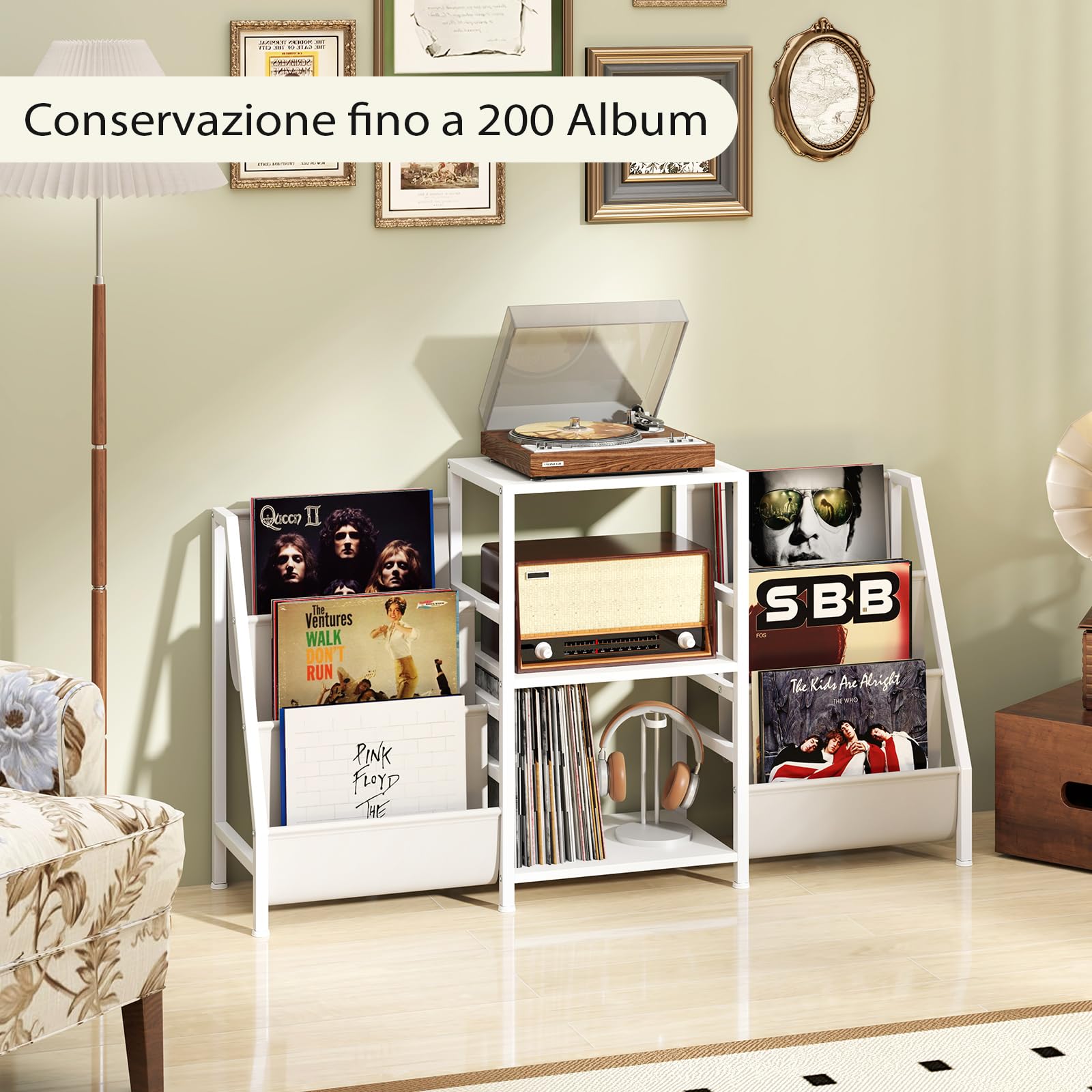COSTWAY Supporto per Giradischi per Vinili, Porta Giradischi Vinili Fino a 200 Album con 3 Ripiani, 6 Tasche di Archiviazione e Struttura in Metallo, per Casa Studio e Caffè, 125x30x69 cm (Bianco)