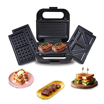 Libra 3 In 1 Sandwich Maker | Grill, Toast & Waffle Maker | 750W Electric Sandwhich Maker With Interchangeable Non-Stick Plates | Automatic Temperature Control | Compact Toaster Sandwich Maker,Black