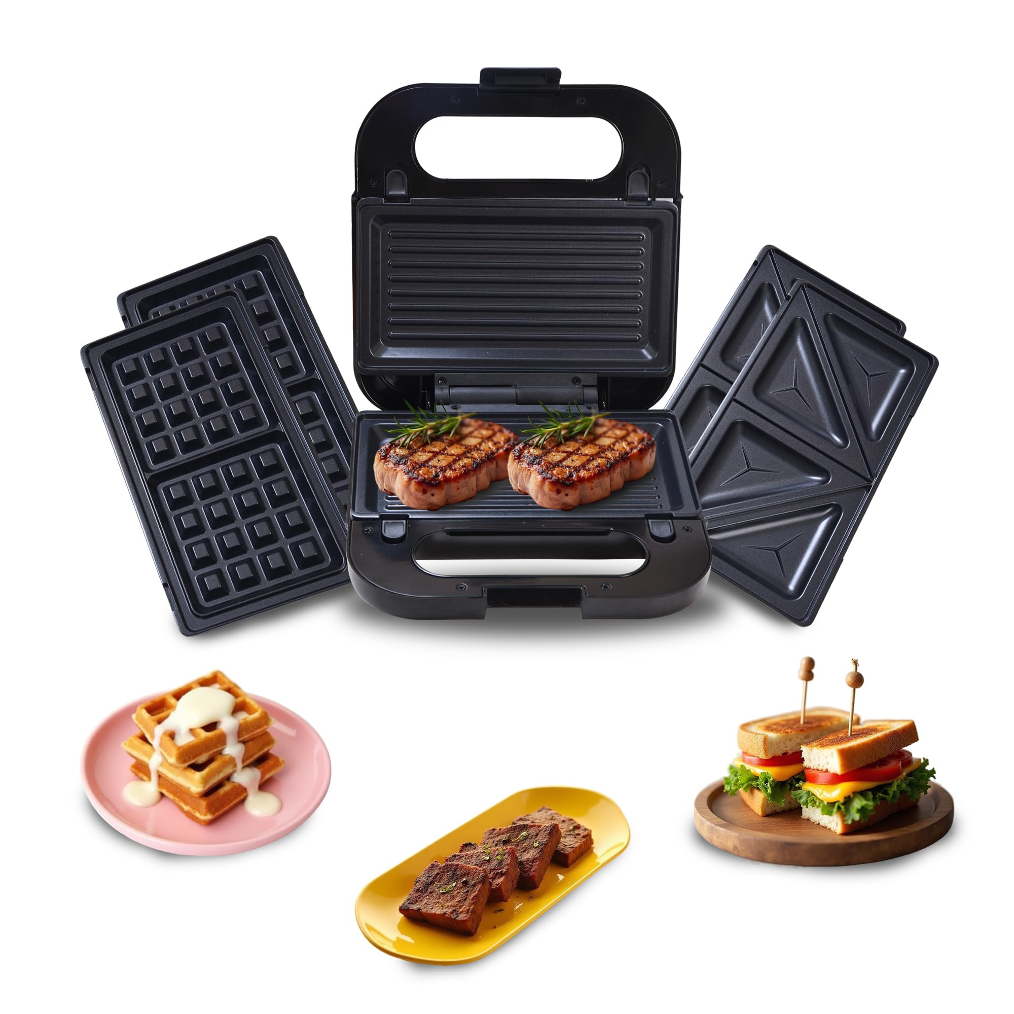 Libra 3 In 1 Sandwich Maker | Grill, Toast & Waffle Maker | 750W Electric Sandwhich Maker With Interchangeable Non-Stick Plates | Automatic Temperature Control | Compact Toaster Sandwich Maker,Black