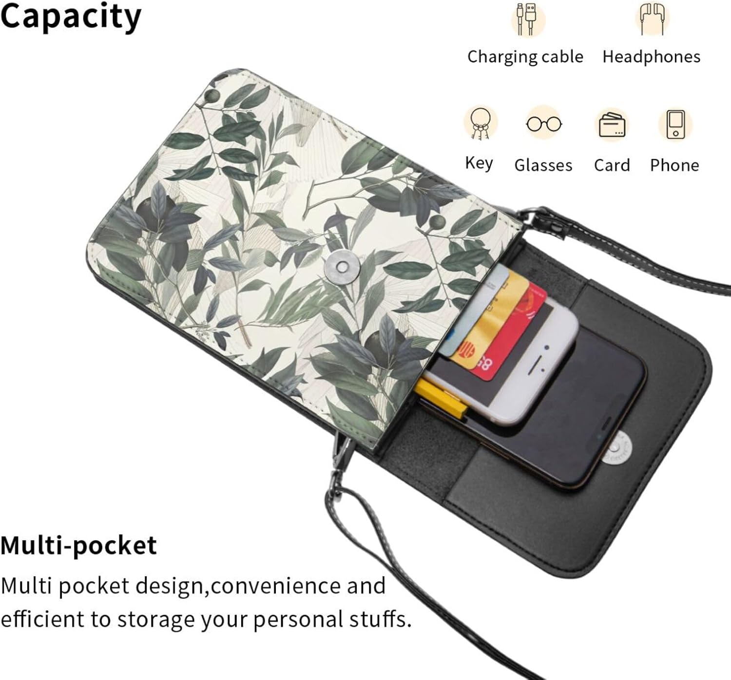 携帯電話財布財布クロスボディバッグ ソフトレザー 携帯電話財布 女性用 かわいいヤシの木の葉プリント, ブラック, One Size