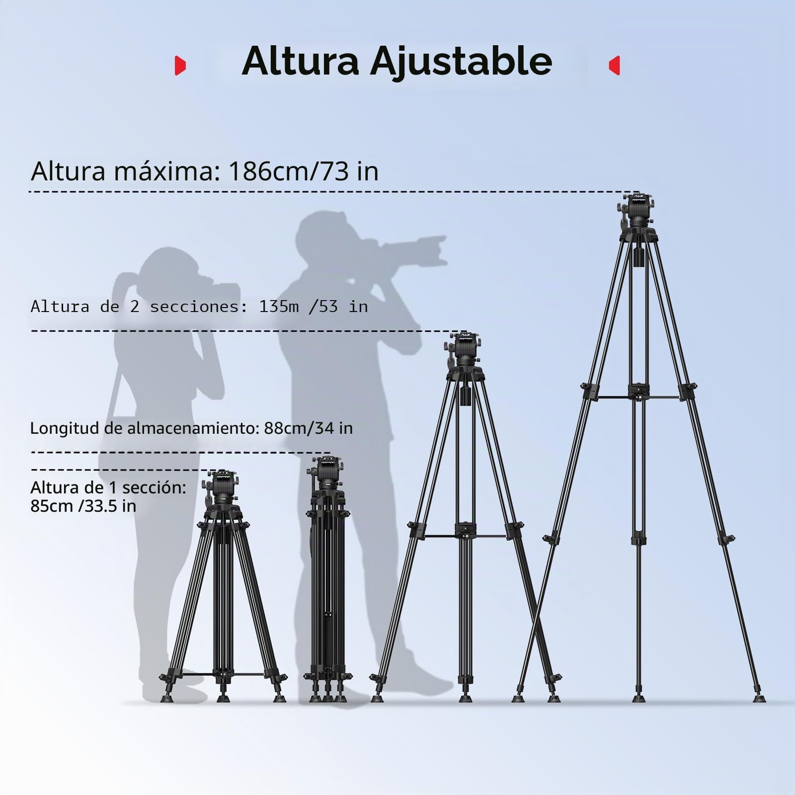 SMALLRIG Trípode Video Aluminio 186cm, Carga 8kg, Cabeza Fluida - 5440 | Trípode de viaje: Peso 3.1 kg, Altura plegado 88 cm, Altura regulable de 85 cm a 186 cm