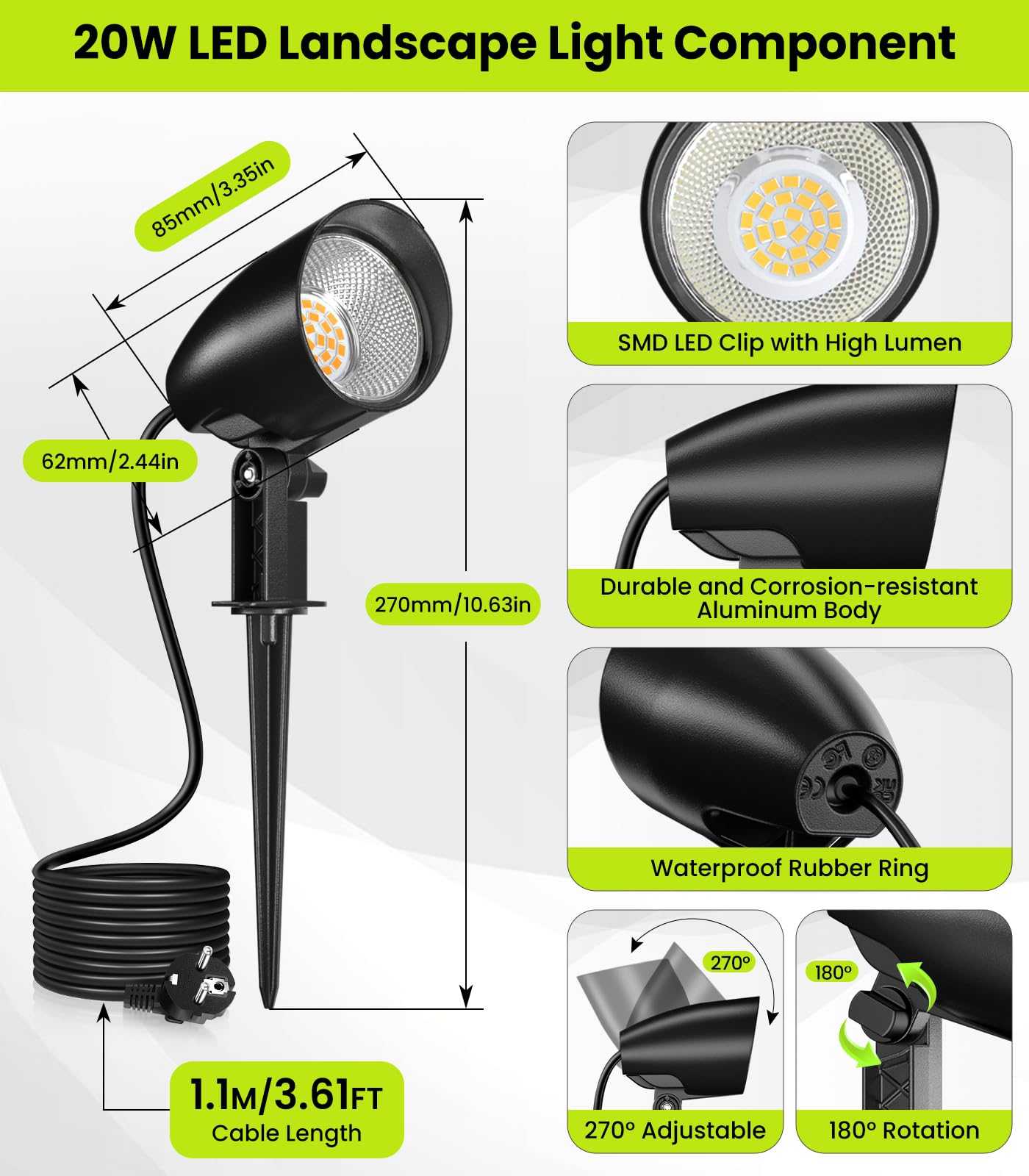 CLV Reflektor ogrodowy z grotem ziemnym 20W ciepła biel 7520lm natężenie prądu oświetlenia ogrodowego, IP66 wodoodporna lampa ogrodowa z wtyczką EU, lampa ogrodowa aluminiowa 4 sztuki | 2700K Lampa do trawnika Aluminiowa obudowa IP66 Wodoodporna Światła L