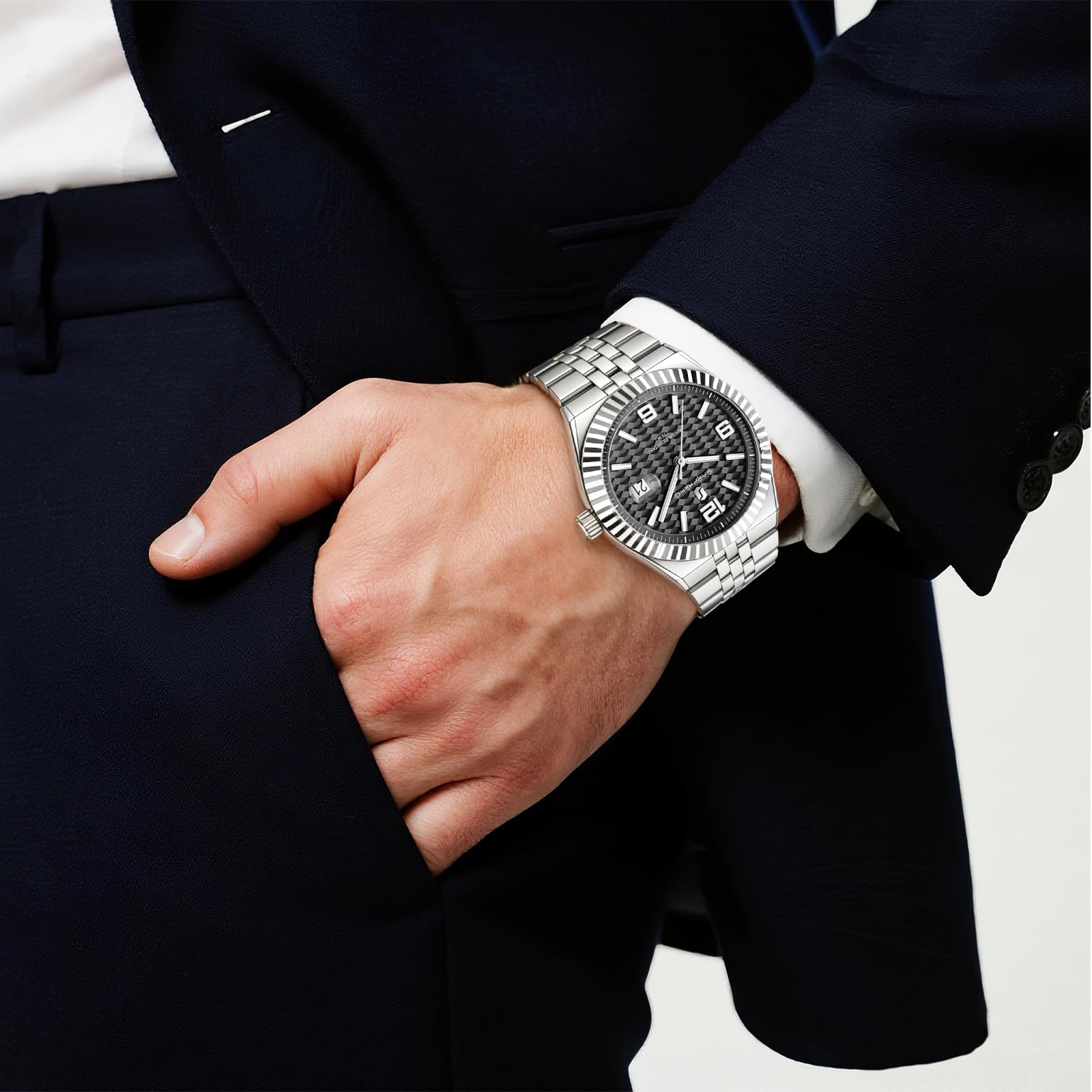 SAPPHERO Herrenuhren Herren-Quarz-Analoguhr Edelstahlarmband mit Datumsfenster Leuchtende Designeruhr 50 m wasserdicht Luxusuhr für Geschäft Arbeit | Wasserdicht bis 30 m, Datumsdesign, Sport, Freizeit, Business, elegant, Geschenk für Herren, Skelettuhr