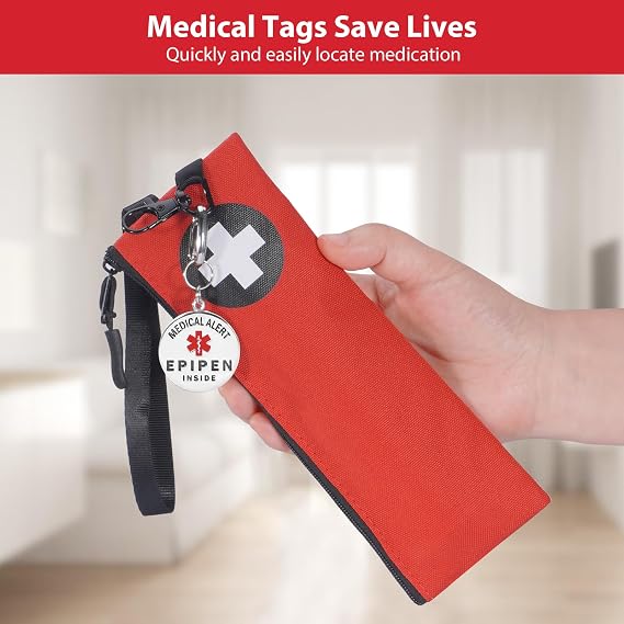MEDMAX 2 Pack Epipen Inside Keychain with Quick Clip, Stainless Steel Dual-Sided Medical Alert Tag for Diabetic Travel Carrying Case Medication Organizer Bag