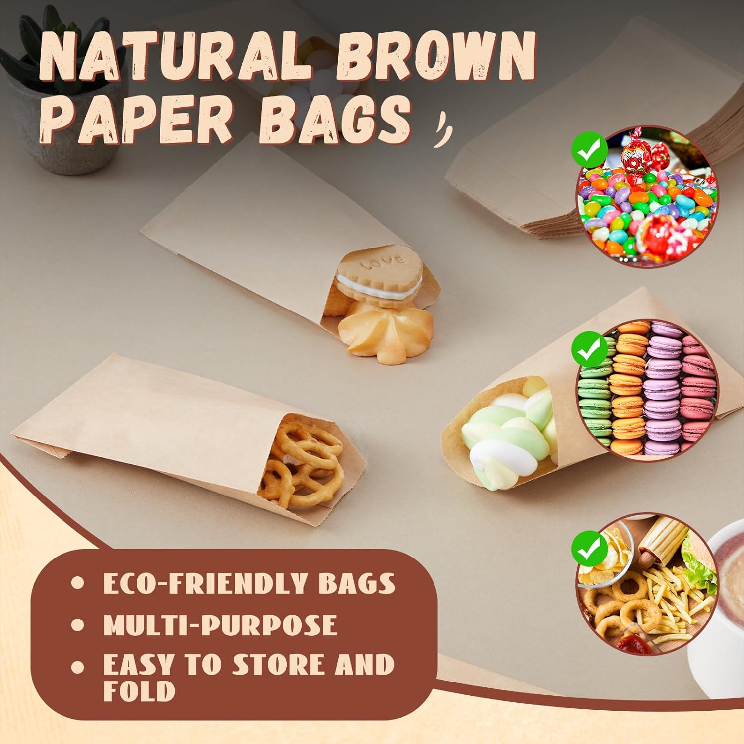 Eersida 1500 Pack 3 x 5 Inches Kraft Mini Paper Bags Treat Small Flat Favor Bag Silverware Merchandise Envelopes for Cookie Snacks Candy Small Gift