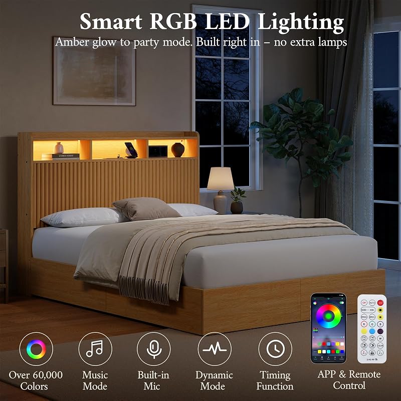 Queen Bed Frame with Headboard and Storage Drawers, Queen Size Platform Bed Frame with LED Lights and Charging Station, Fluted Wood Grain Design, No Box Spring Needed, Oak image 6