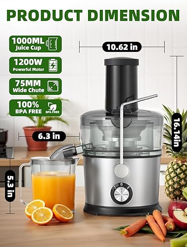 Vista 8 de Máquinas exprimidoras de 1200 W con canal de alimentación de 3 pulgadas para frutas y verduras enteras, extractor centrífugo de jugo de doble