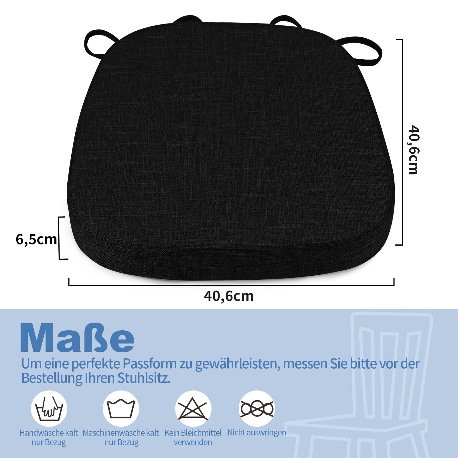 BUYUE Stuhlkissen 6,5 cm dick, U-Form Sitzkissen 40x40 cm mit hochdichtem Schaumstoff, Stoffbezug, rutschfestes Sitzpolster für Küche und Esszimmer (4 Stück, Schwarz)