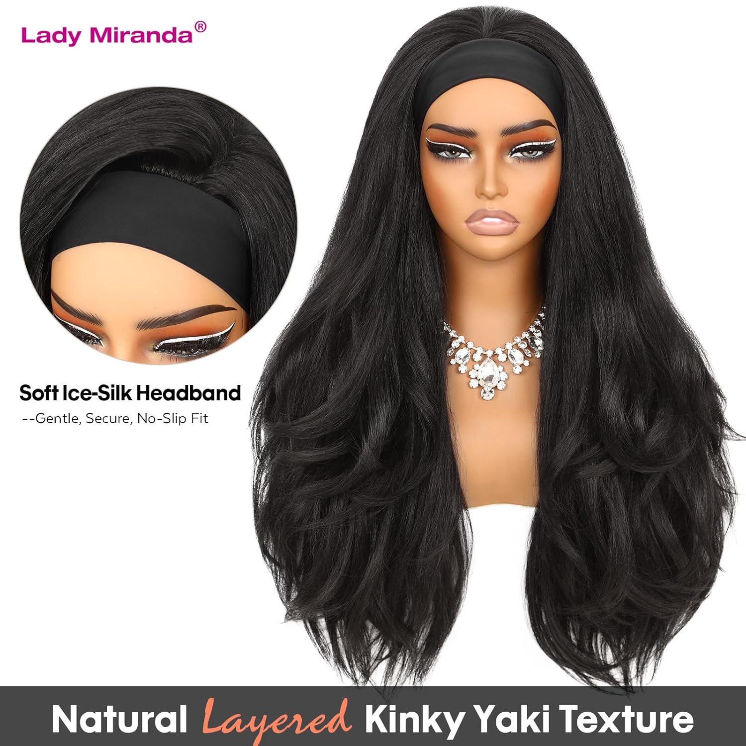 Lady Miranda 26 Inch Yaki Wavy Headband Wigs for Black Women Wear and Go Kinky Straight Headband Wig with Layered Blowout Texture Lightweight Glueless Half Wig Natural Looking Synthetic Wig