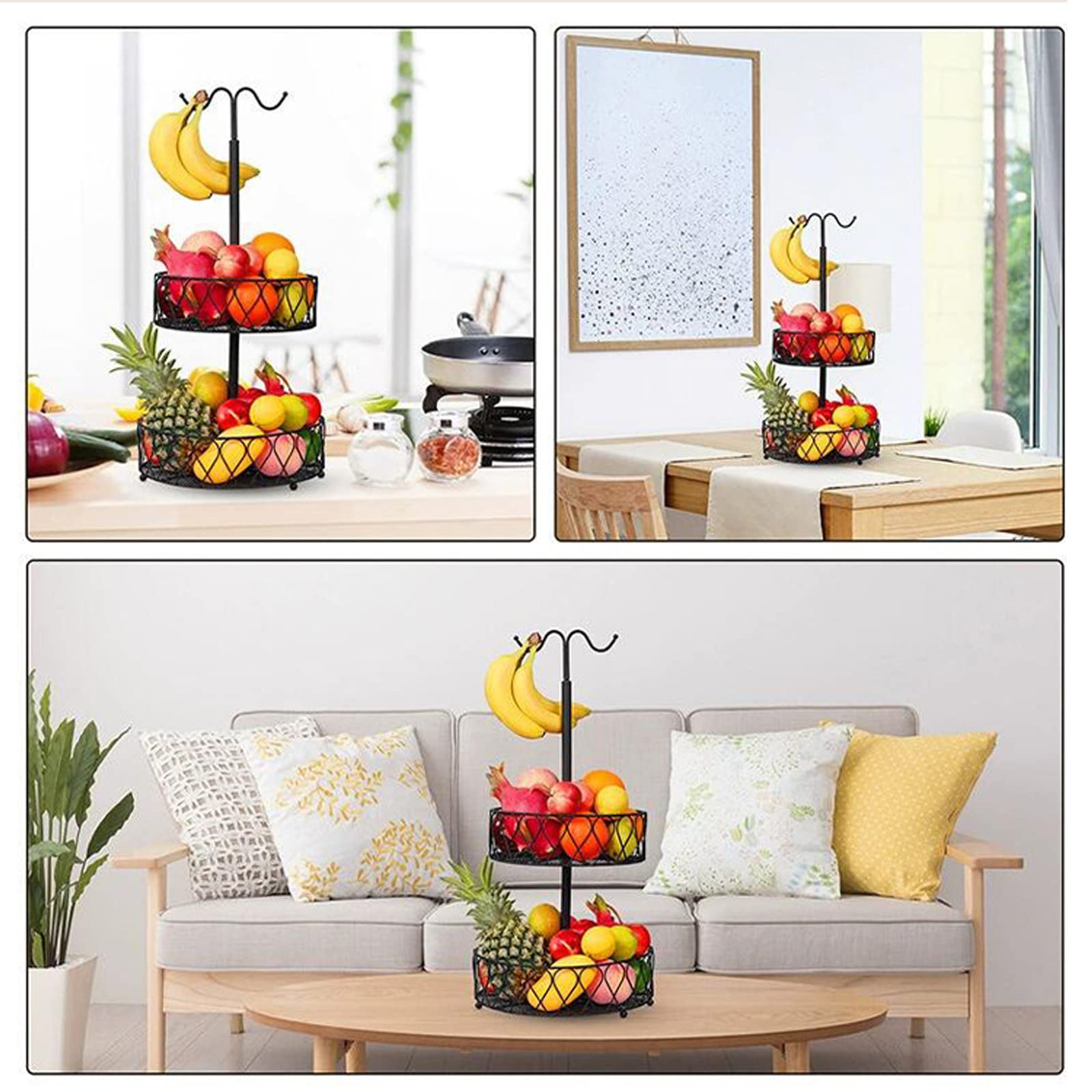 Cesta de Frutas de 2 Niveles con Colgador de Plátano, Alambre de Metal, Cesta de Almacenamiento de Frutas Y Verduras, Soporte Organizador de Frutas Extraíble, Soporte Grande para Cuencos de(A)