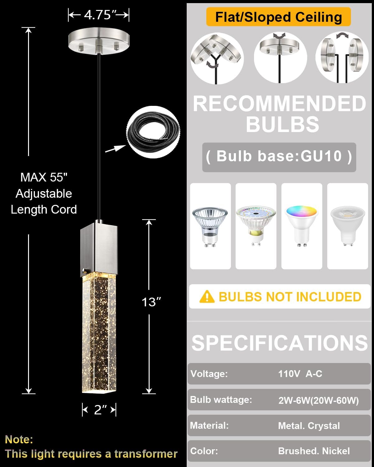Mini Integrated Hanging Crystal Kitchen Island Modern Concise Pendant Ceiling Light Fixture,for Kitchen Island Dining Room Bedroom Hallway,UL Listed (Brushed Nickel, 3 Pack)