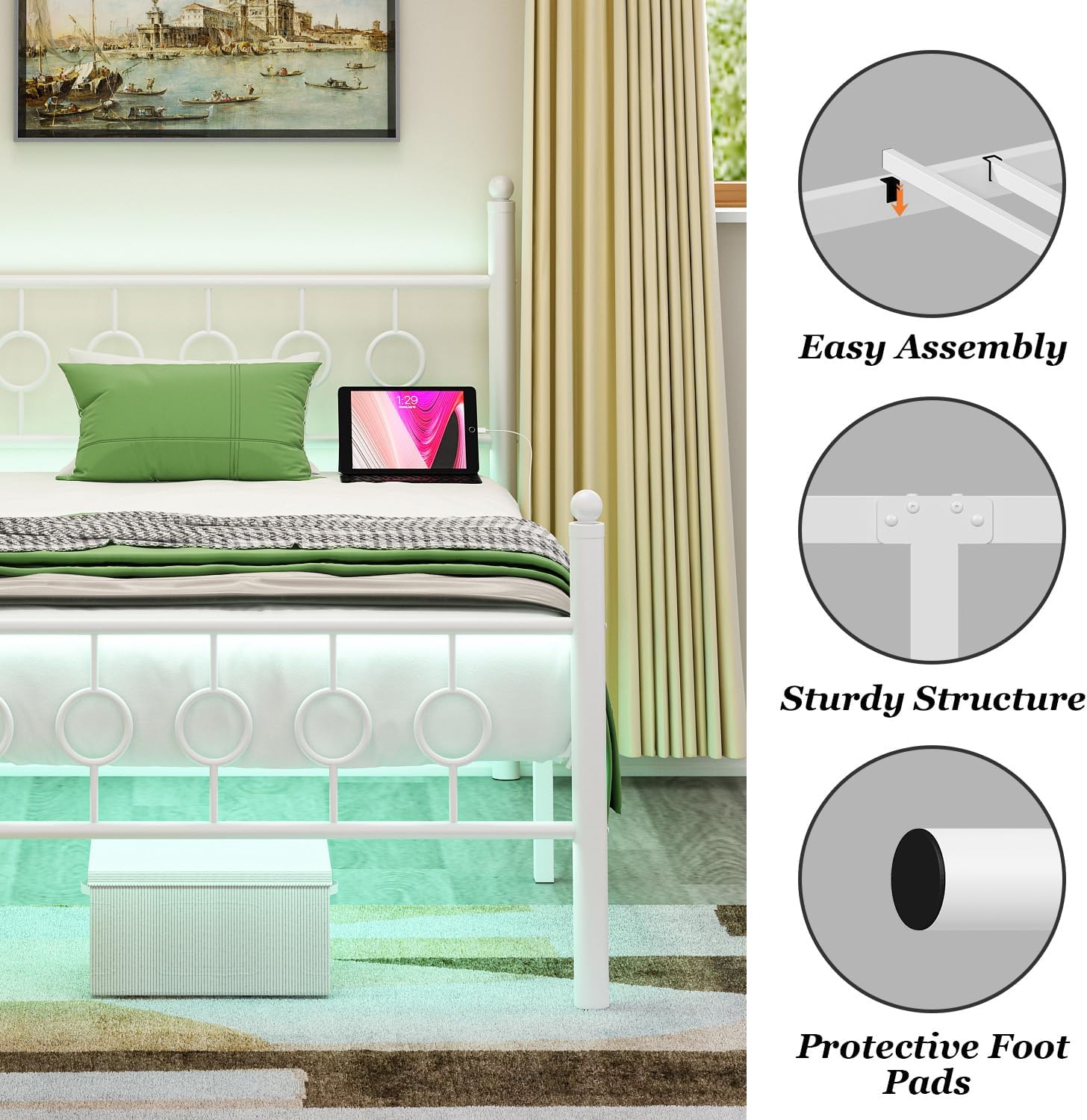 Twin Bed Frames with Headboard, LED Bed Frame with Charging Station, Metal Platform, Under-Bed Storage, No Box Spring Needed, Noise Free, Easy Assembly, White - Image 5